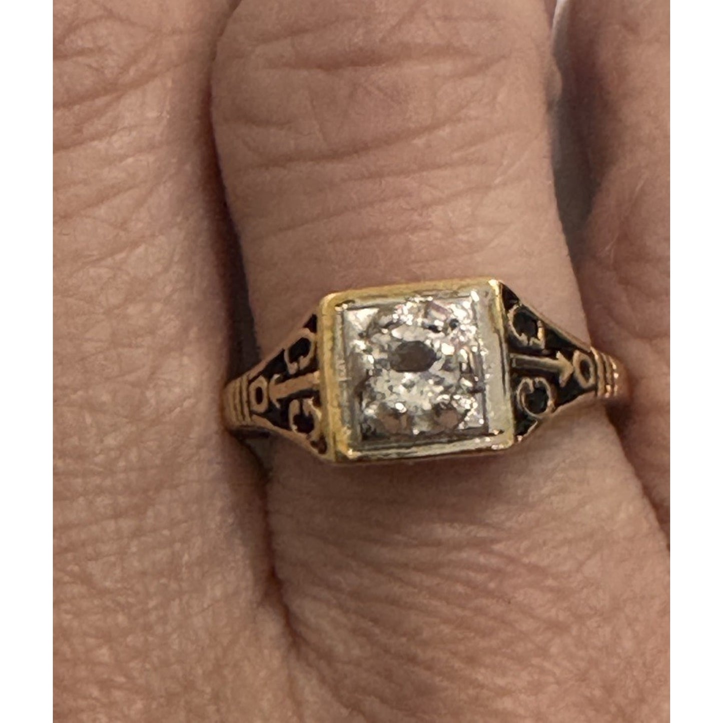 Vintage 18K HGE Yellow Gold Tone Illusion CZ Diamond Ring Art Deco Style 7.5