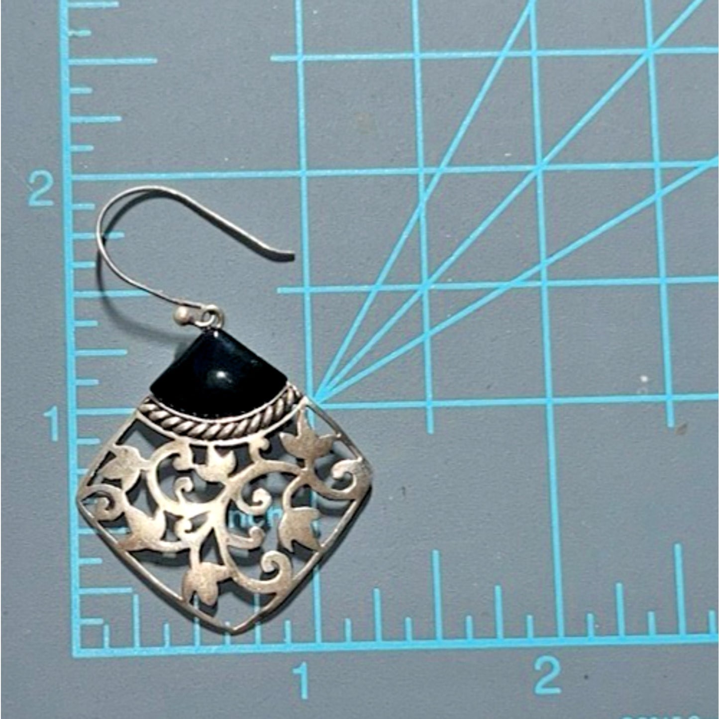 Vintage Sterling Silver Black Onyx Filigree Dangle Earrings Signed CFJ 5gr