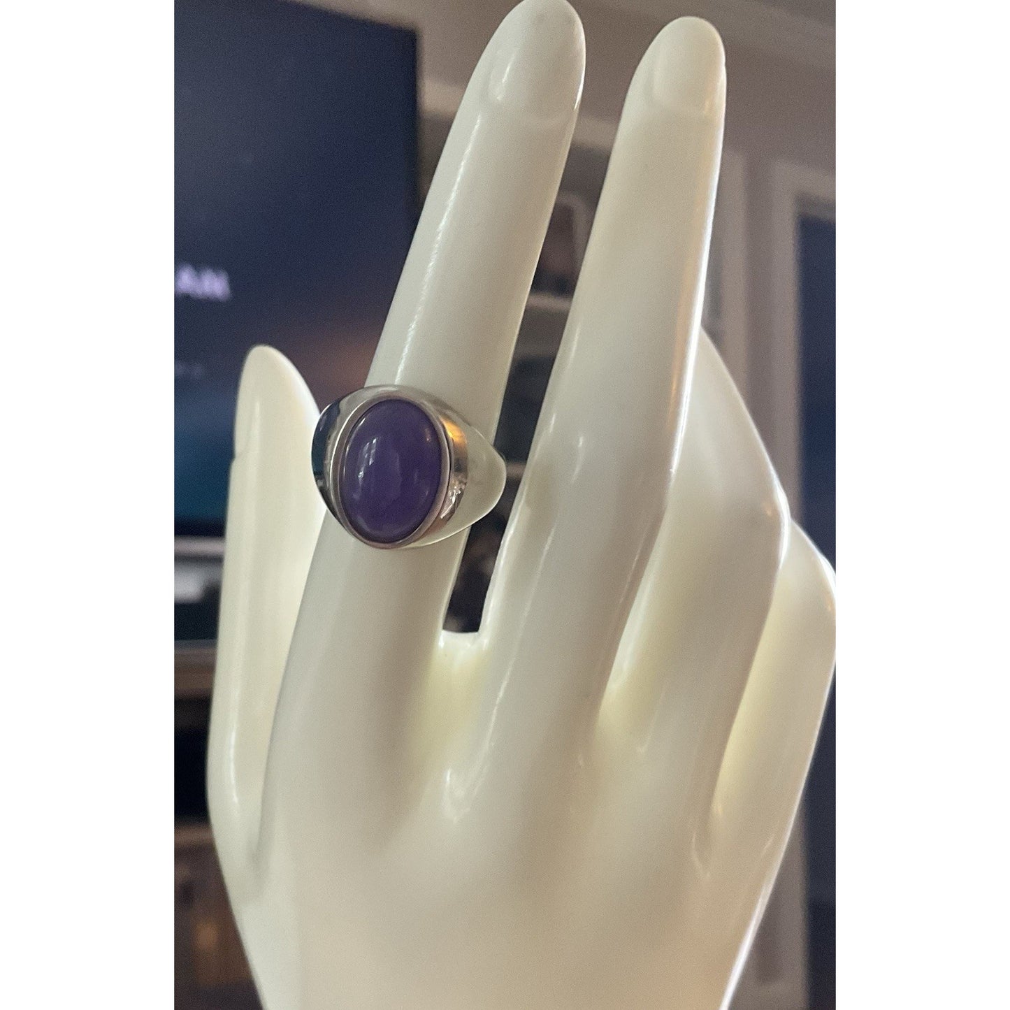 Sterling Silver Purple Cabachon Stone Ring 925 Size 7.5 Oval Statement Rings