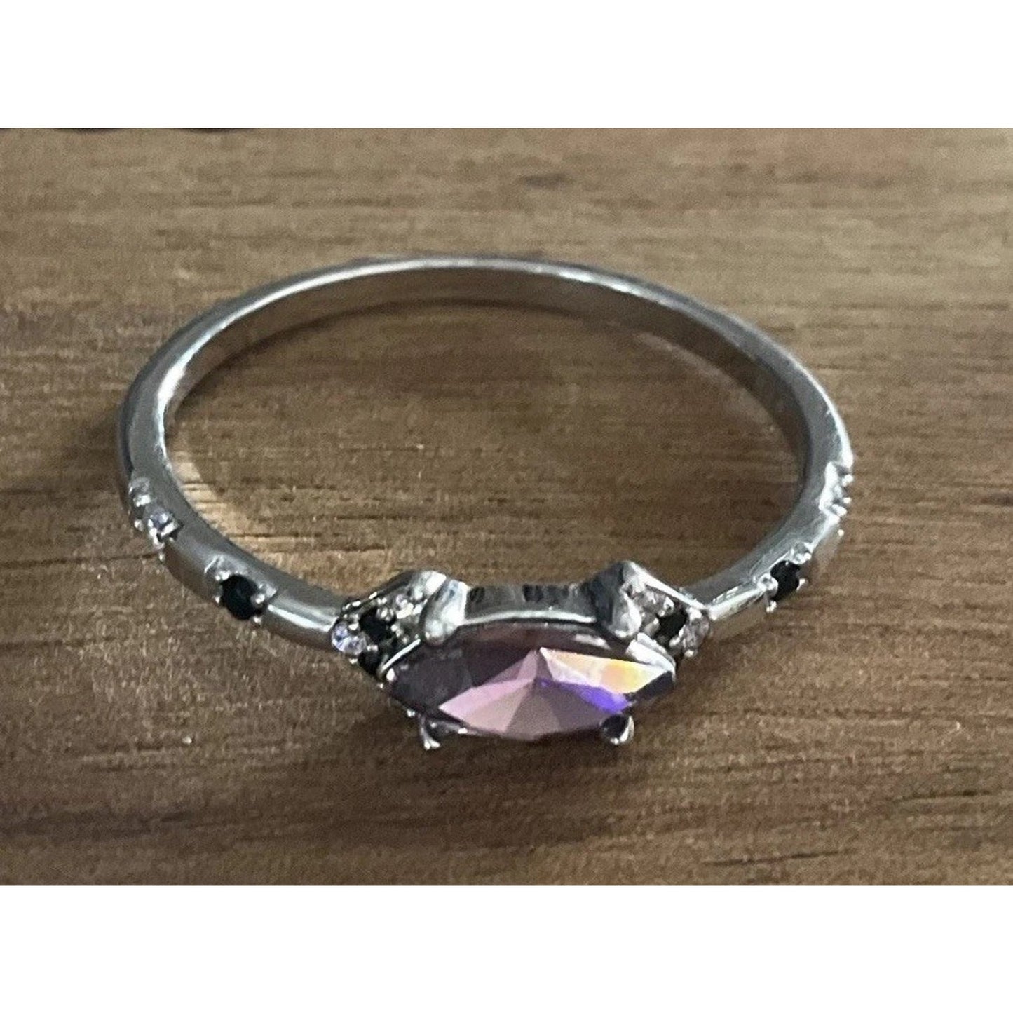 Sterling Silver Pink Marquise Gemstone Ring – Black Spinel & CZ Accents Size 10