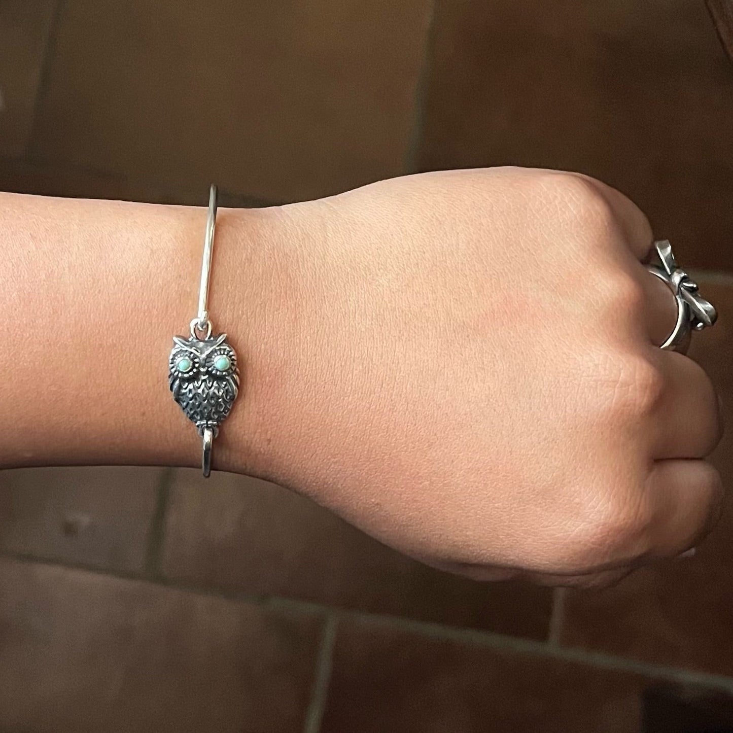 Pre-Owned James Avery Retired Sterling Silver & Turquoise Hook On Owl Bracelet
