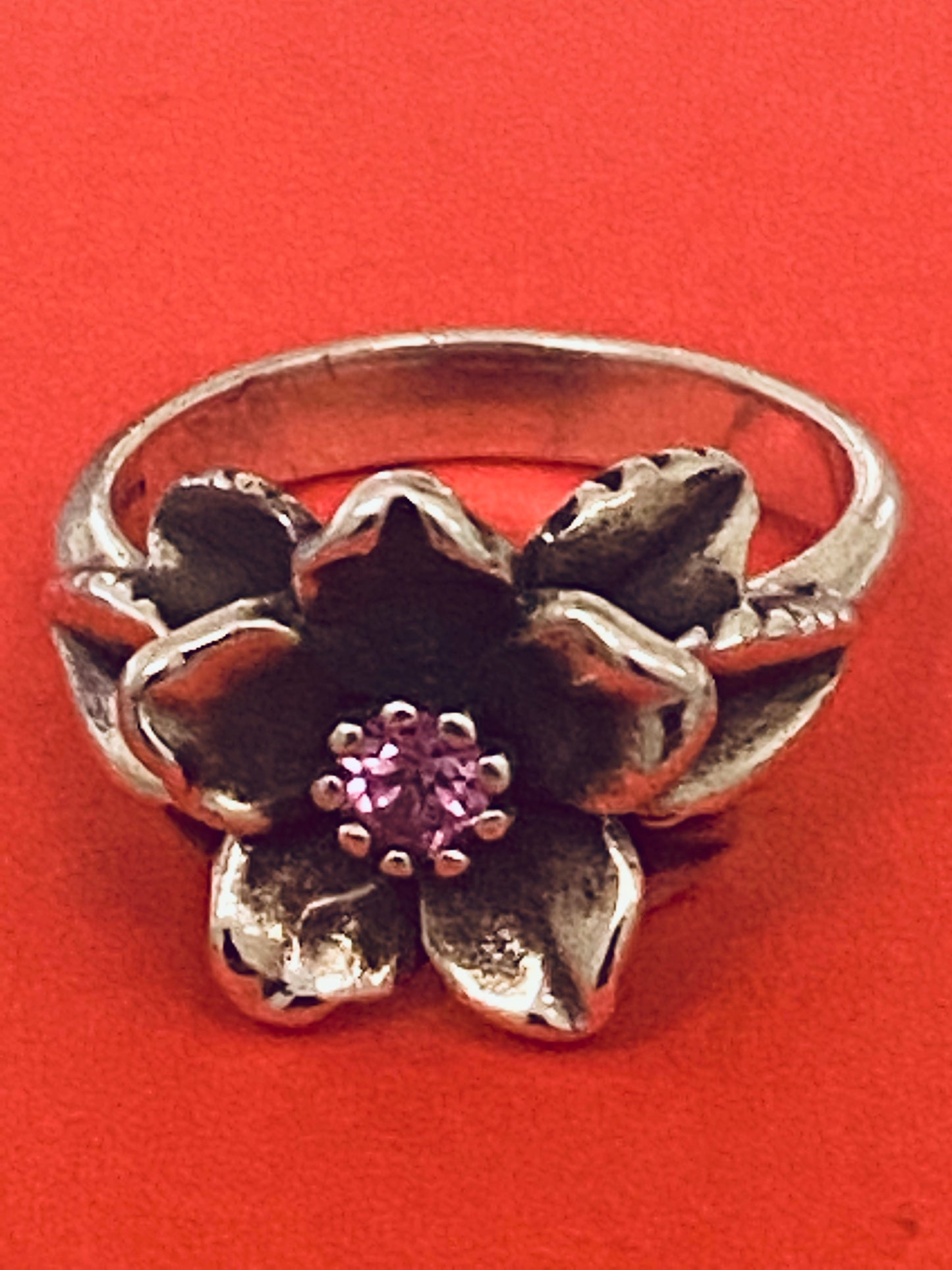 Pre-Owned James Avery Retired & HTF Silver CHRISTMAS ROSE Ring with Pink Stone Size 7