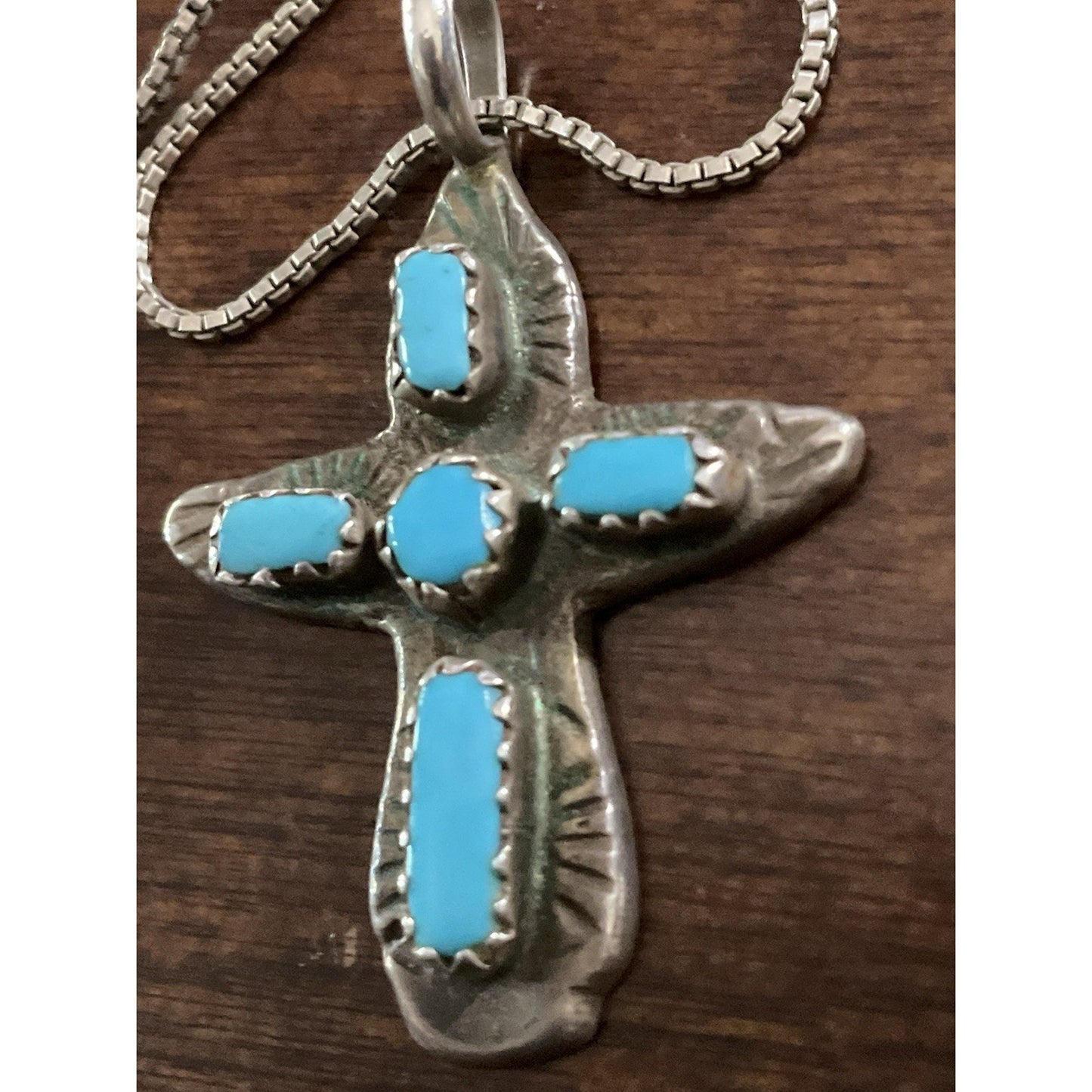 Vintage Sterling Turquoise Native American Signed Cross Pendant & 24” Chain 925