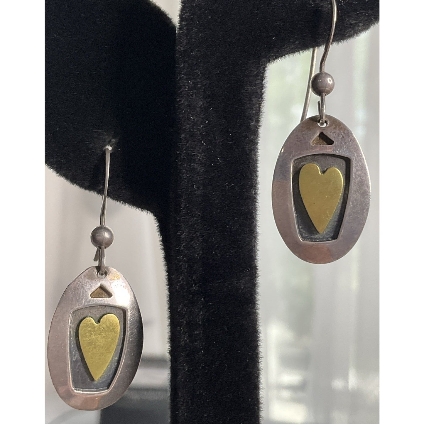 Vintage Two Tone Heart Sterling Silver And Gold Dangle Drop Earrings Signed FF