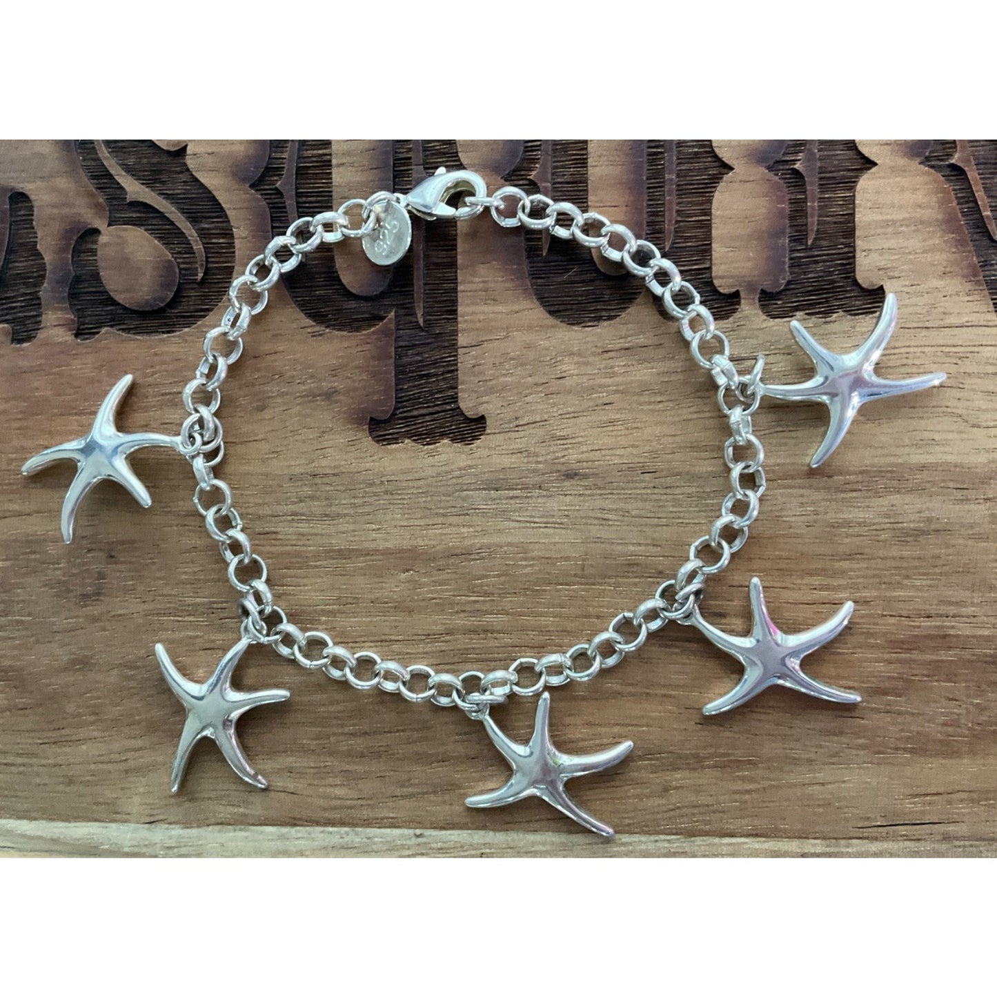 Vintage Sterling Silver Starfish Dangle Bracelet 7.5” Ocean Beach Coastal