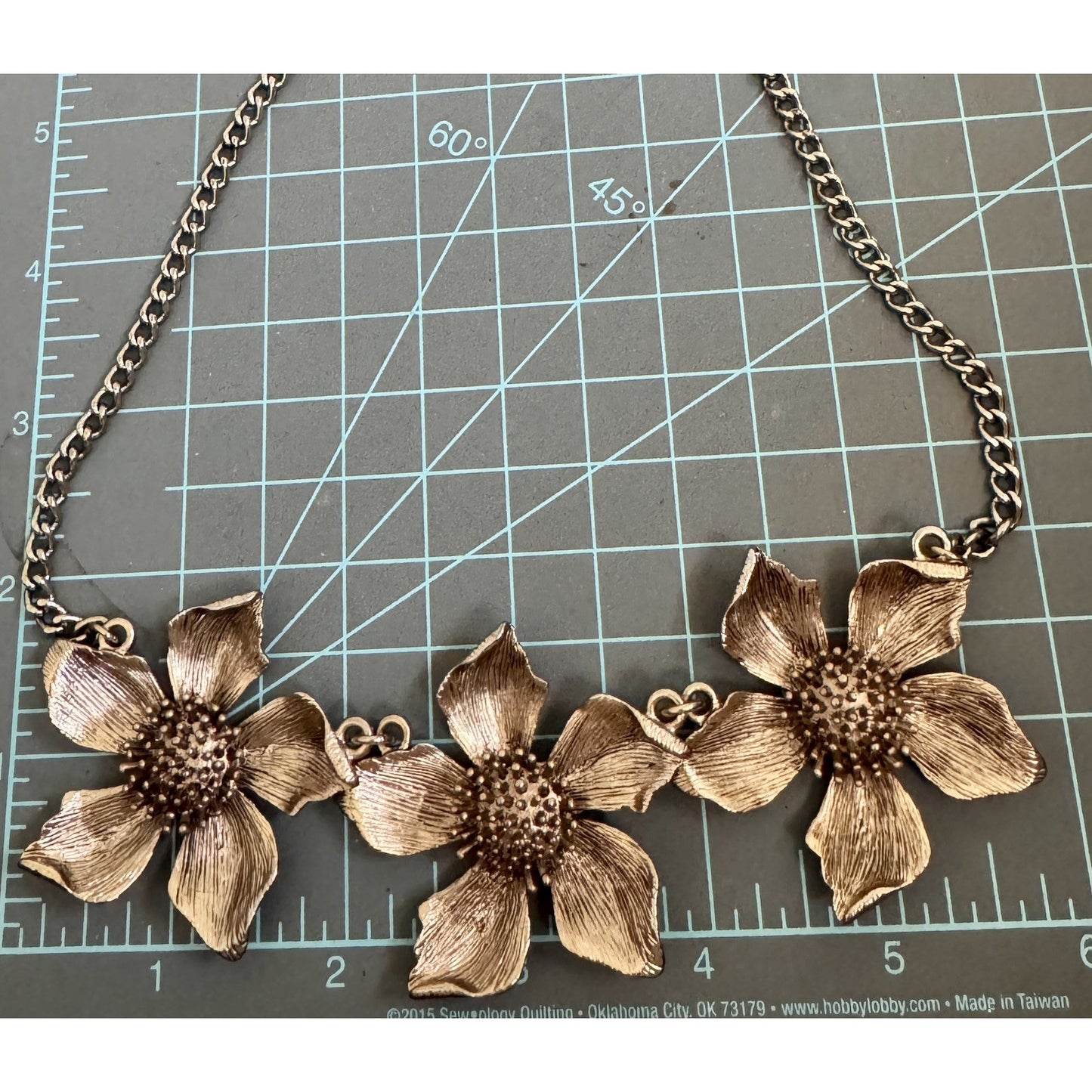 Silver Tone Triple Dogwood Flower Linked Statement Necklace 16-19”