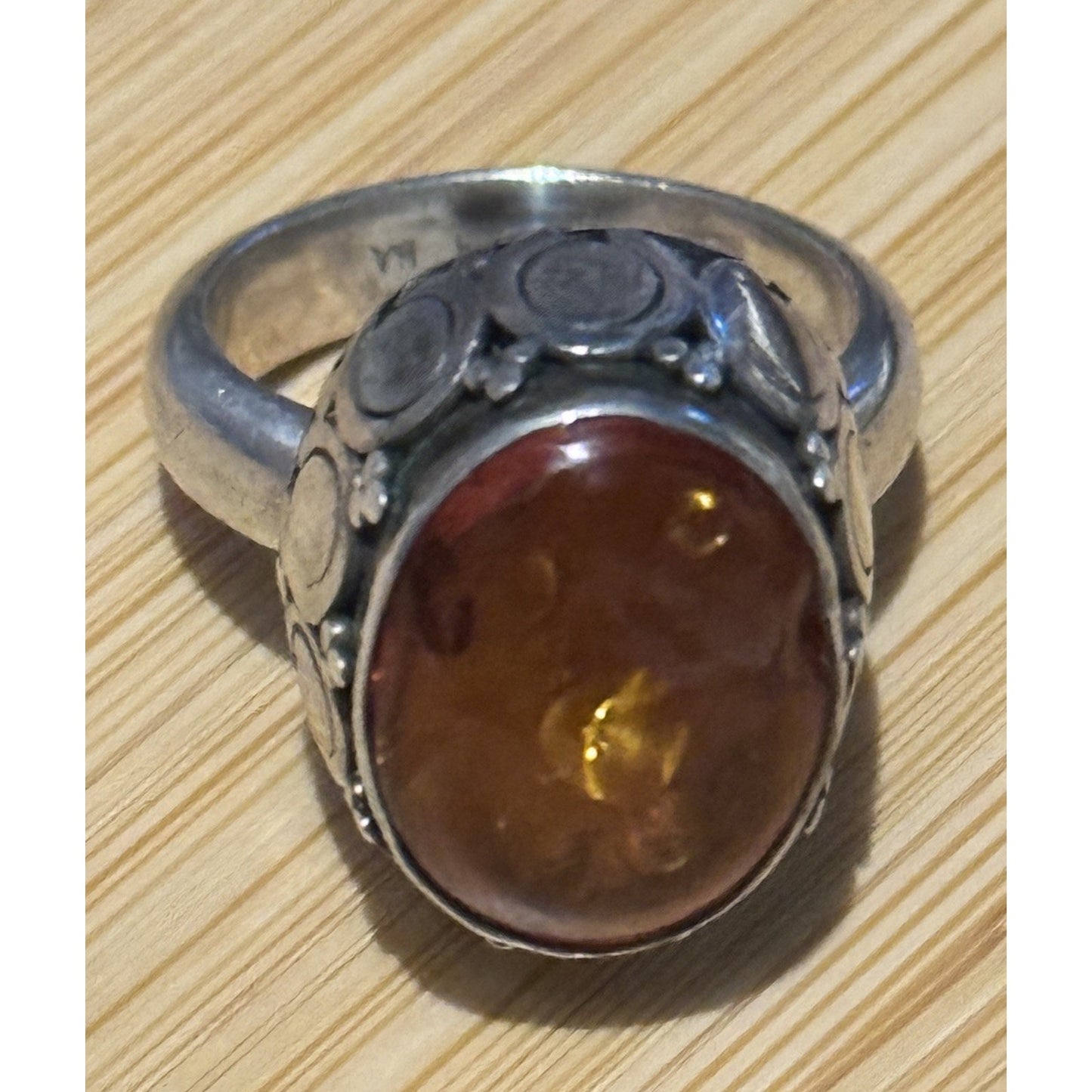 Vintage Artisan Sterling Silver Honey Amber Cabochon Statement Ring Sz 7 80-90s