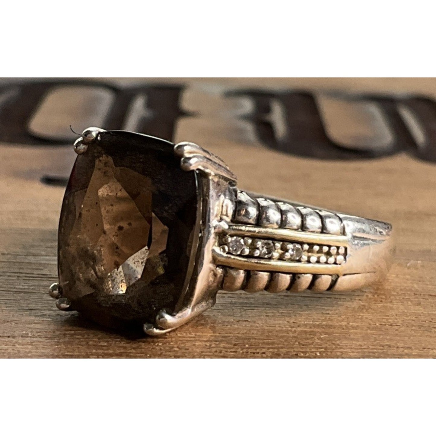 Vintage T&C Smoky Quartz Ring 14K & Sterling Silver Two Tone Statement Ring 8.5