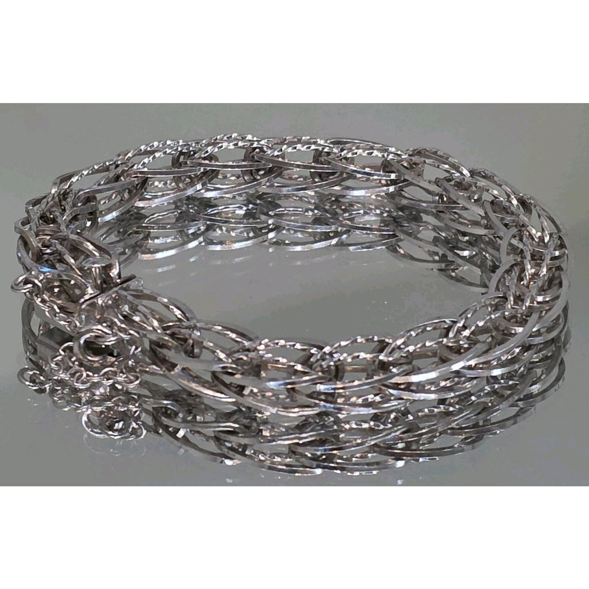 Vintage Silver Silver Braided Woven Oval Twisted Diamond Cut Link Bracelet 7.5”