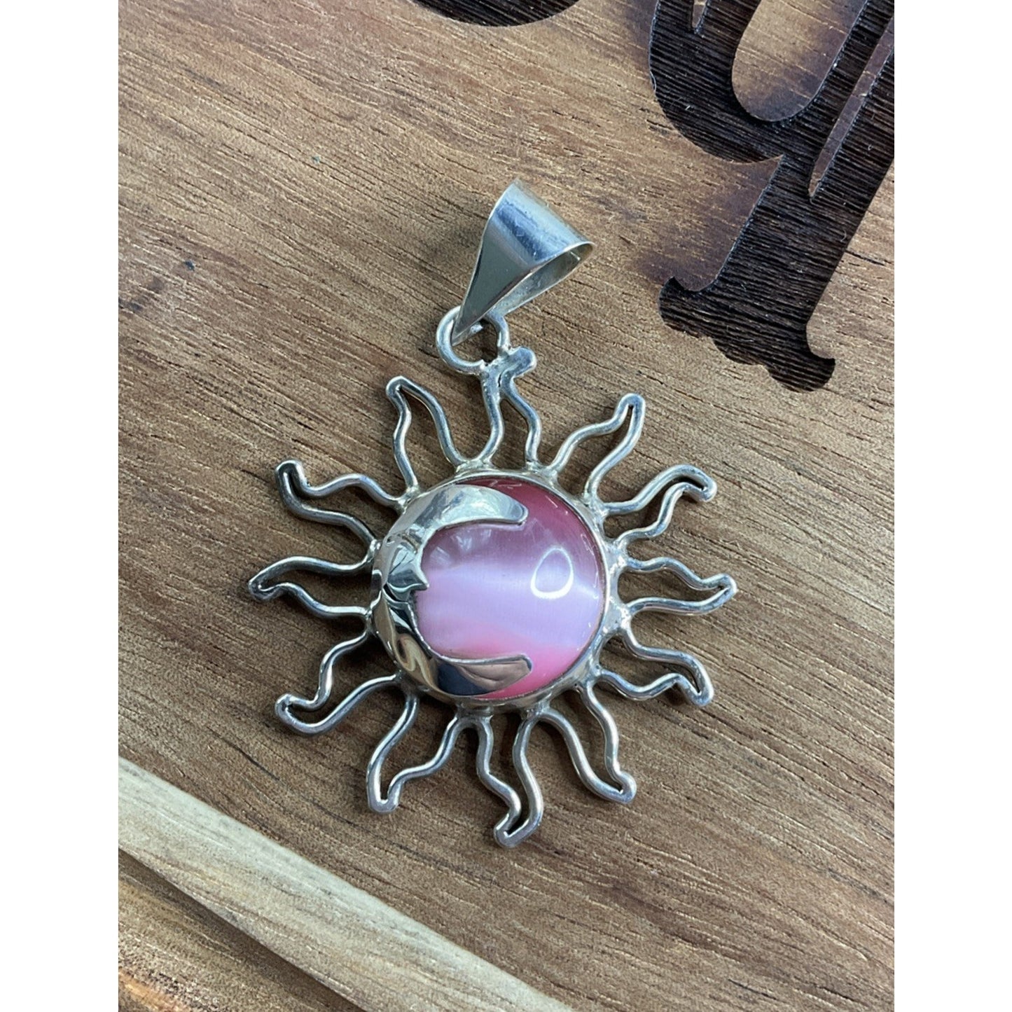 Vintage 925 Mexico Sterling Silver Sun Pendant Pink Cabochon