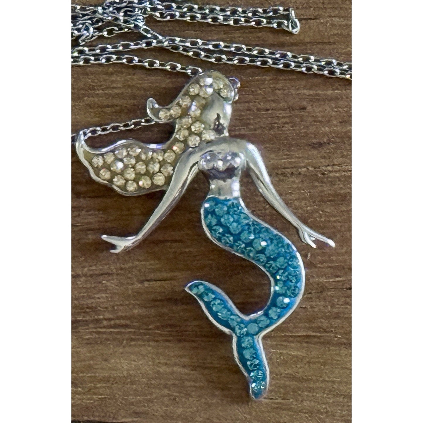 Sterling Silver Mermaid Pendant Blue & Gold Crystal Tail With 21” Necklace 925