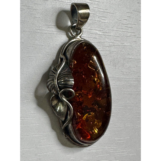 Vintage Baltic Amber Sterling Silver Pendant 17.9g 2” Tall Large Natural Amber