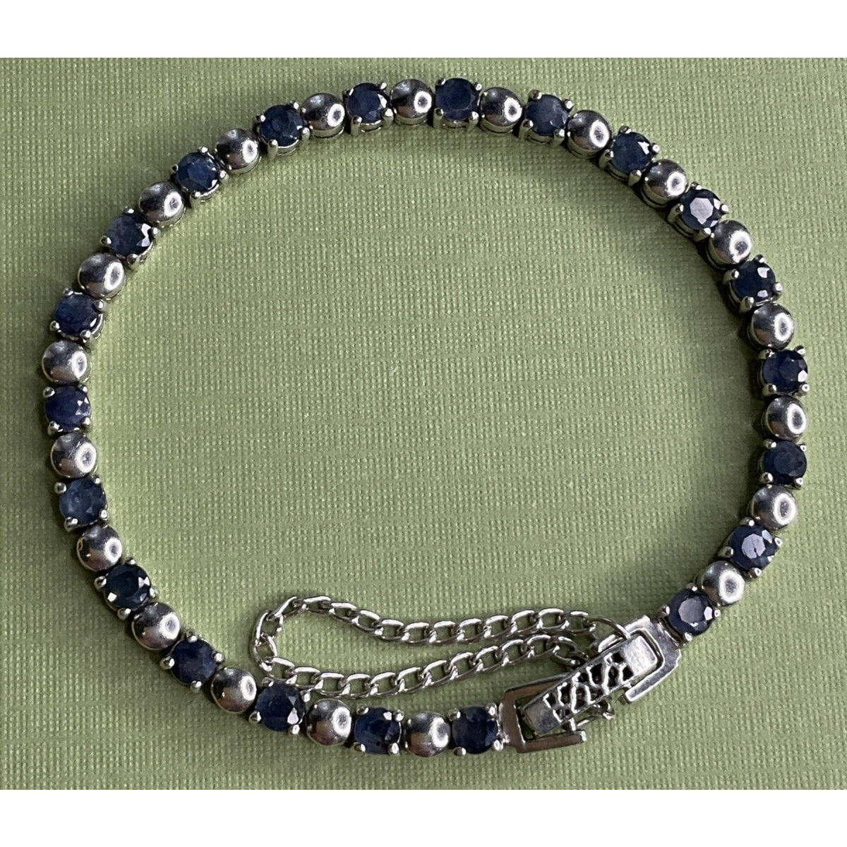 Vintage 925 Sterling Silver Blue Sapphire Tennis Bracelet 14g 7.25” Safety Chain