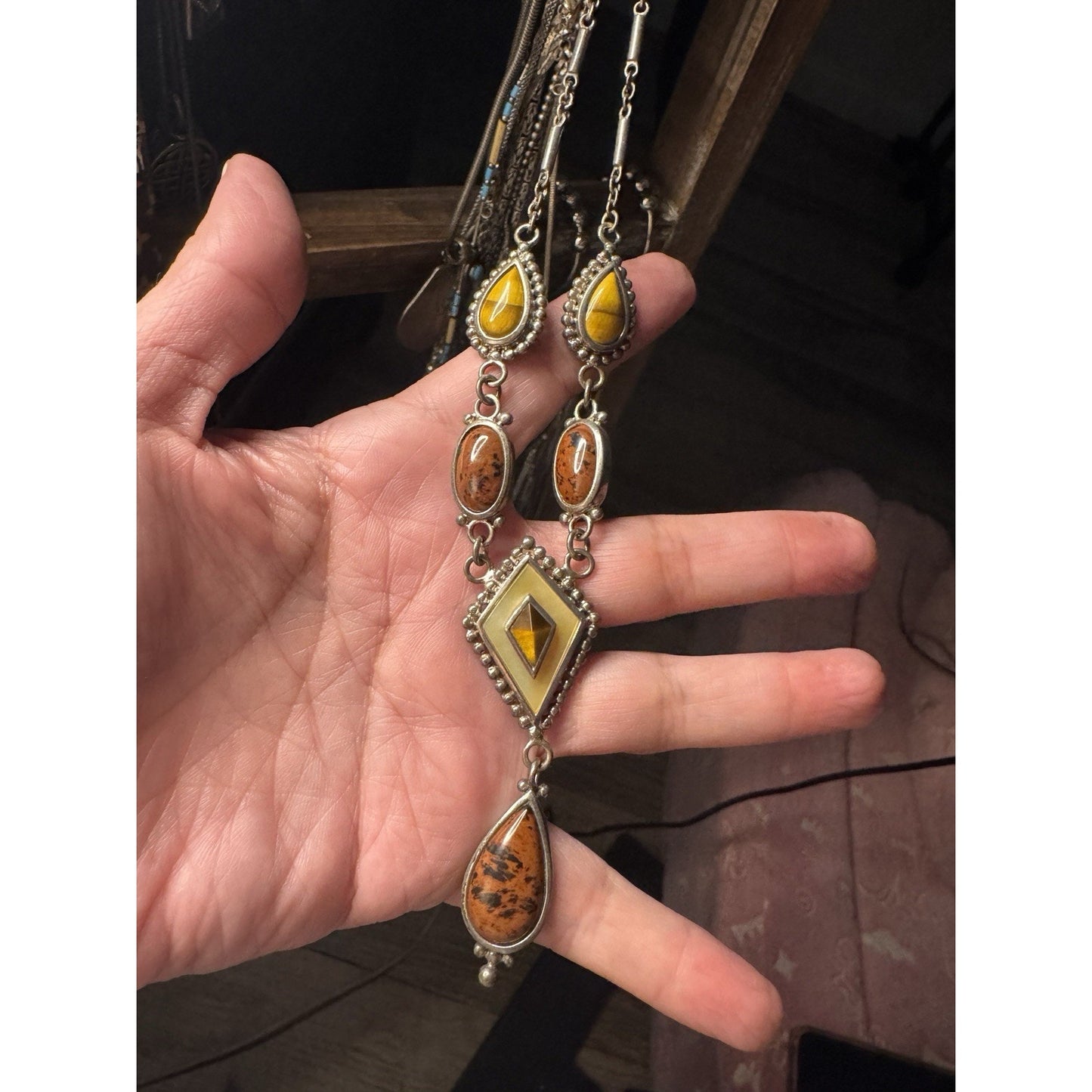 Vintage Whitney Kelly Necklace Sterling 925 Tigers Eye Jasper MOP Beaded Y Drop