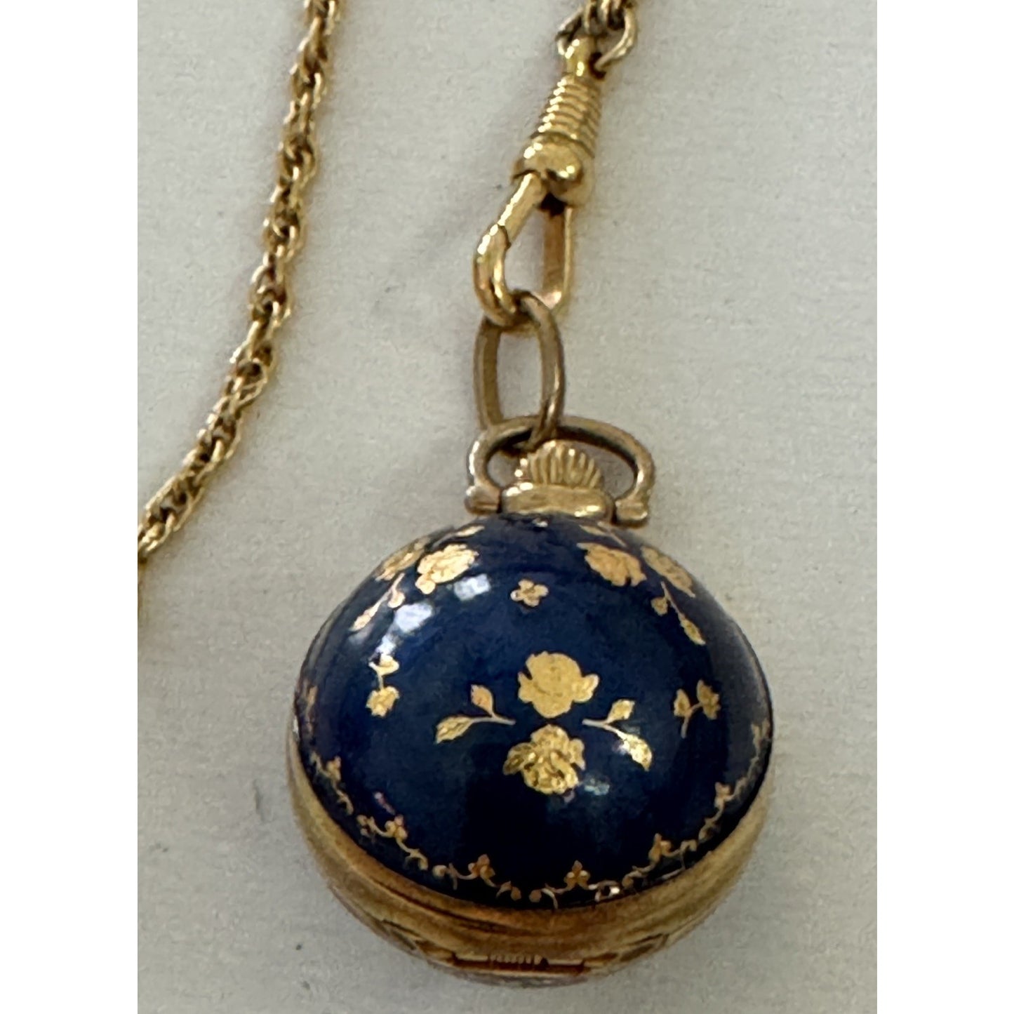 Vintage Bucherer Swiss Pendant Watch Gold Tone Necklace Blue Enamel Floral 28”