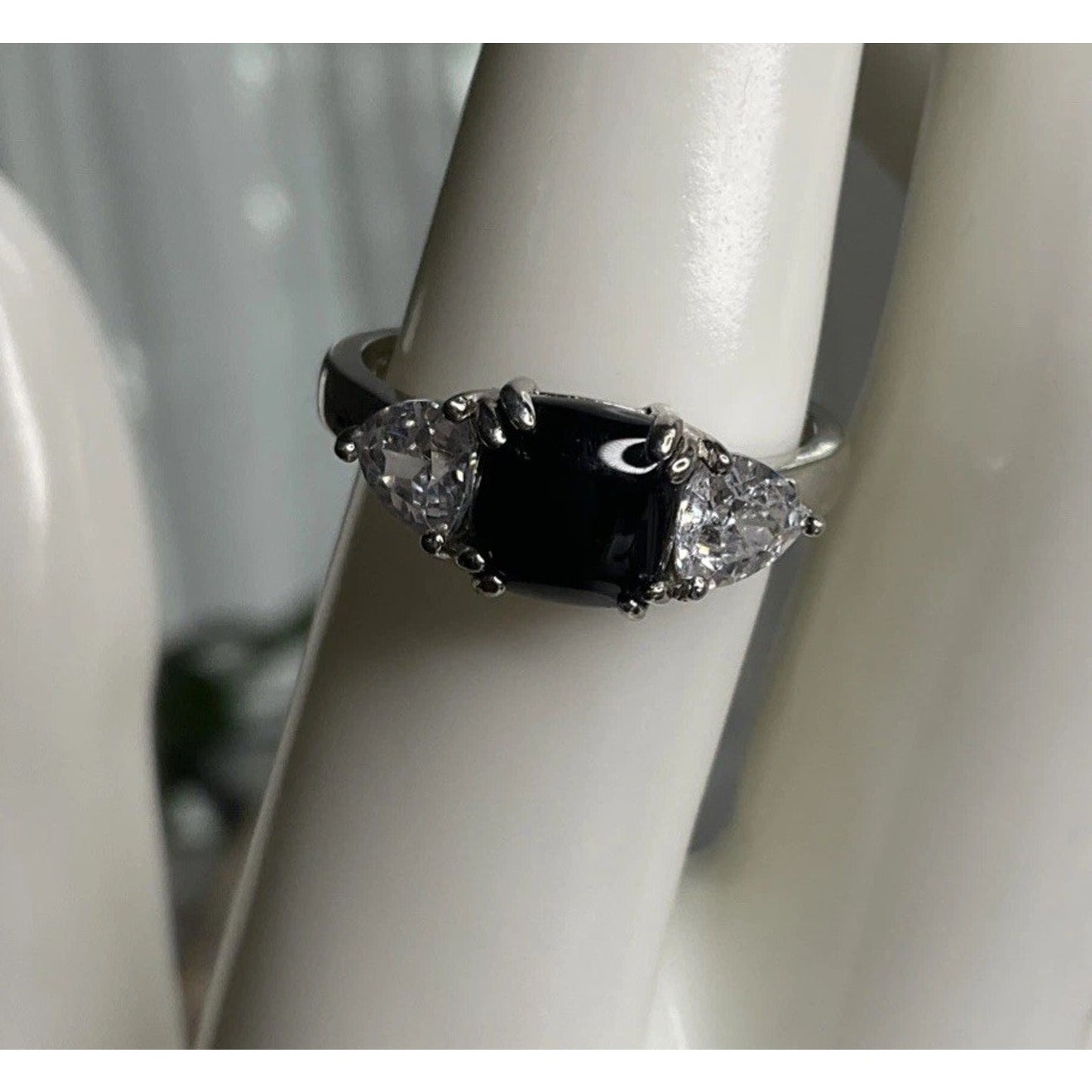 Sterling Silver Black Onyx & 3 Stone Ring Emerald Cut Trillion Accent Size 7.5