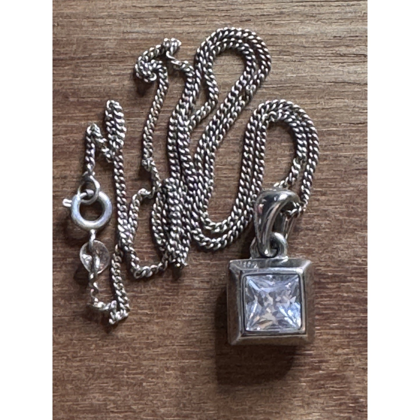 Sterling Silver 925 Princess Cut Clear CZ Cube Pendant Necklace 7g Modern 18”