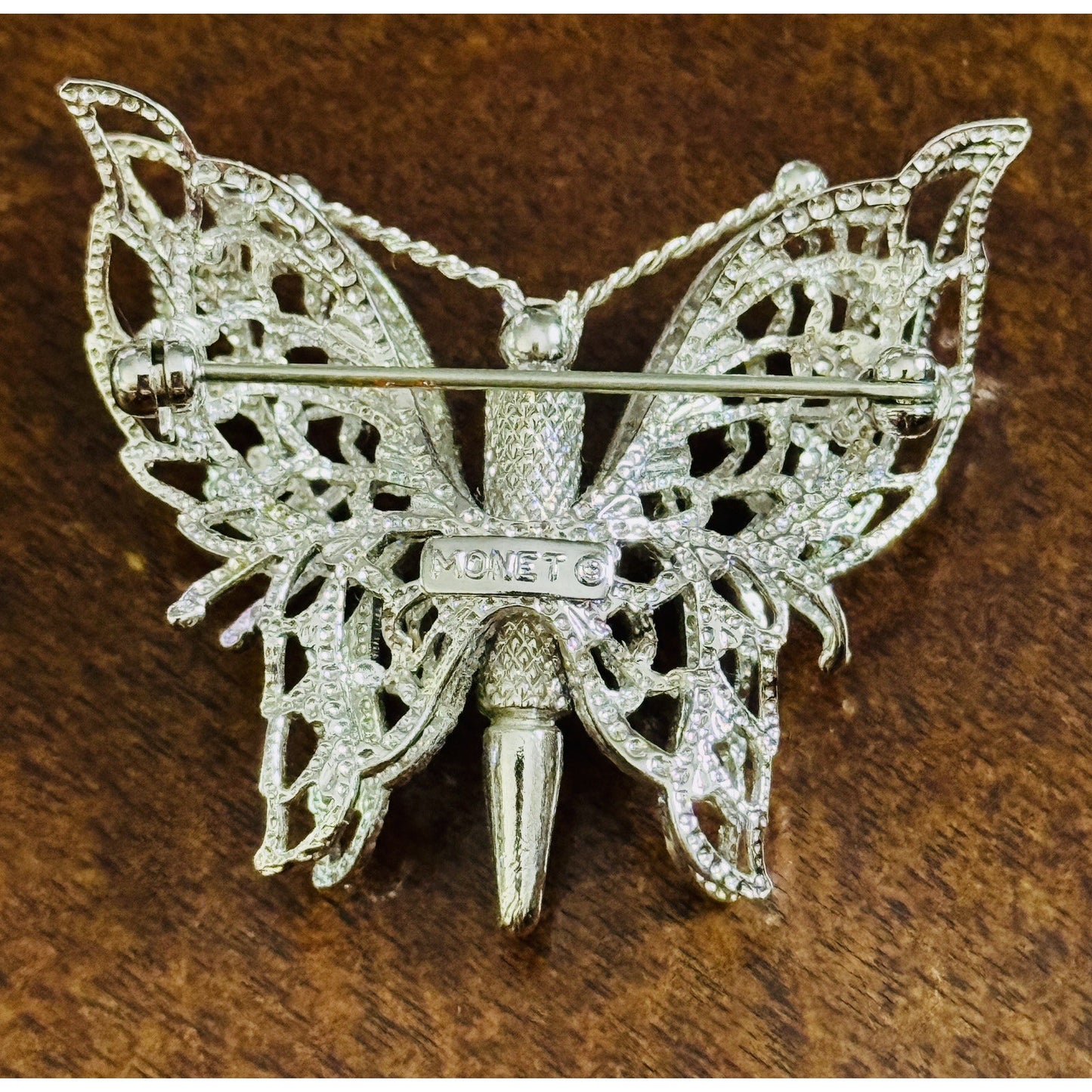 Vintage Monet Butterfly Brooch Silver Tone Filigree Insect Pin Signed 1970s