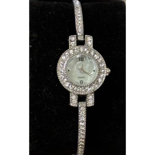Vintage Y2K Rhinestone Sparkle Watch Mother Of Pearl NEEDS BATTERY Silver Tone
