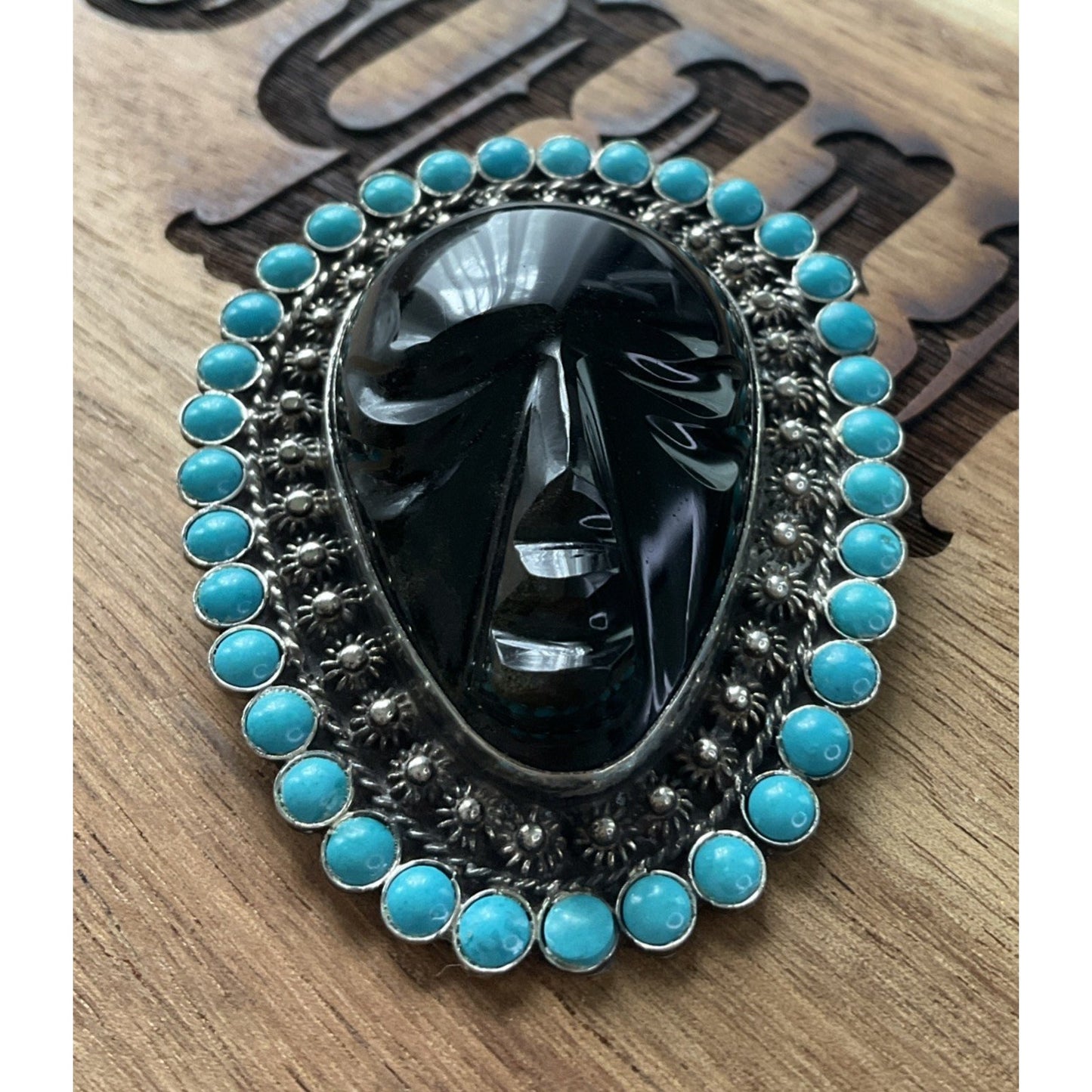 Sterling Silver Turquoise Carved Face Brooch Pendant 925 Large
