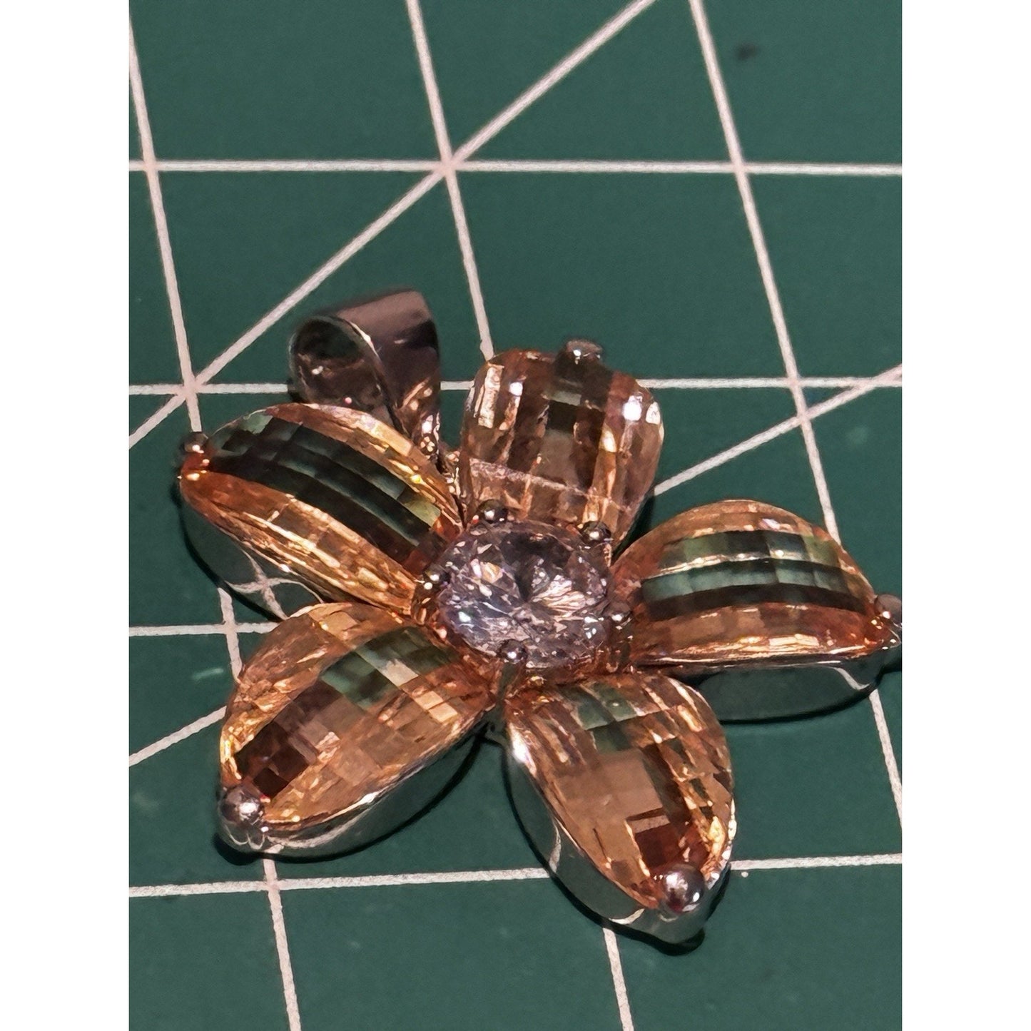 Vintage Sterling Silver Citrine Flower Pendant White Topaz Gem 925 11g