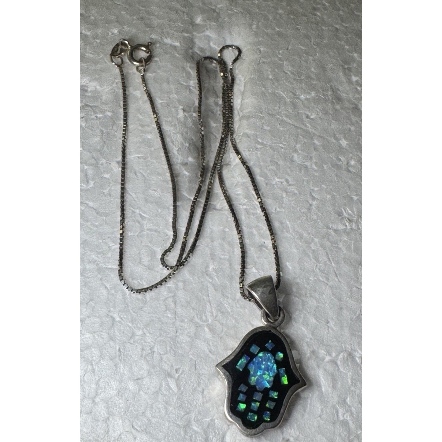 Vintage Sterling Silver Mosaic Opal Hamsa Hand Pendant Or Charm W/ 16” Necklace