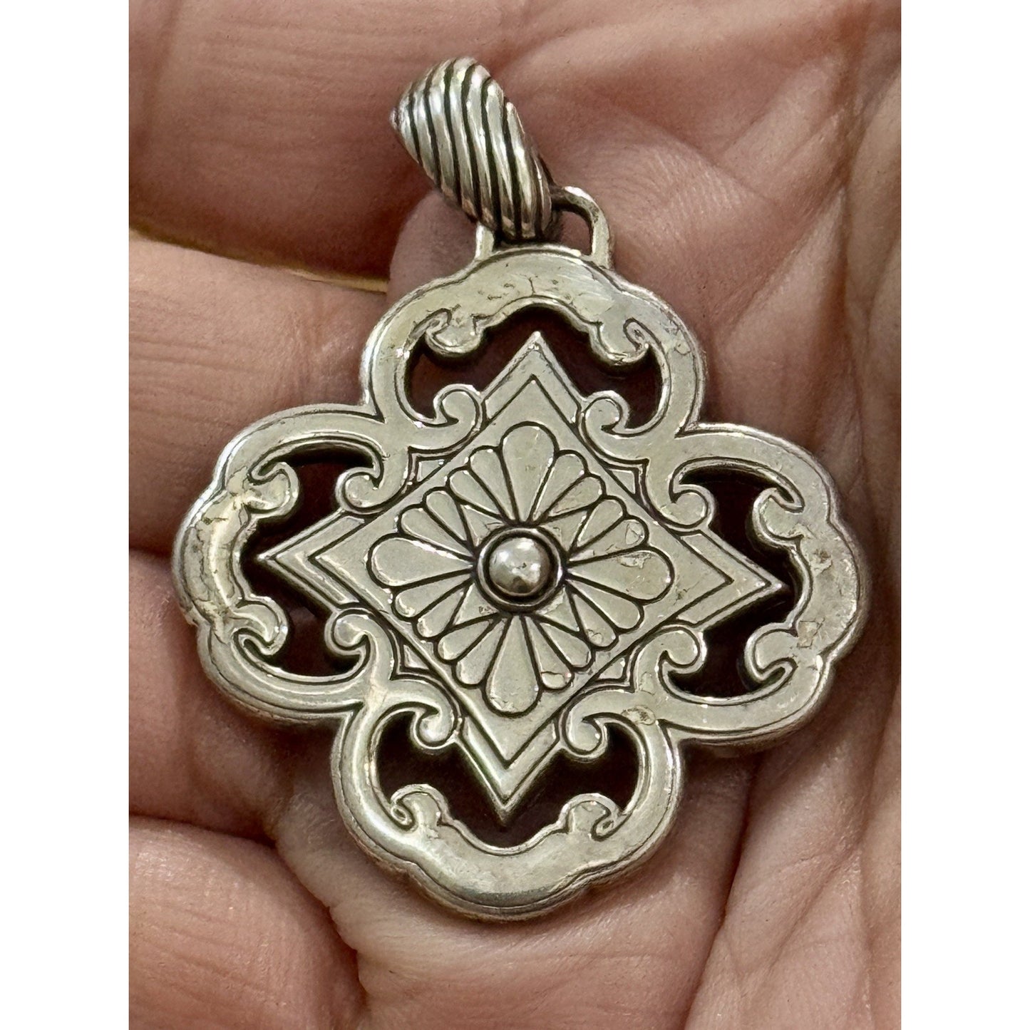 BRIGHTON Bella Capri Reversible Blue Enamel Mosaic Clover Silver Tone Pendant 2”