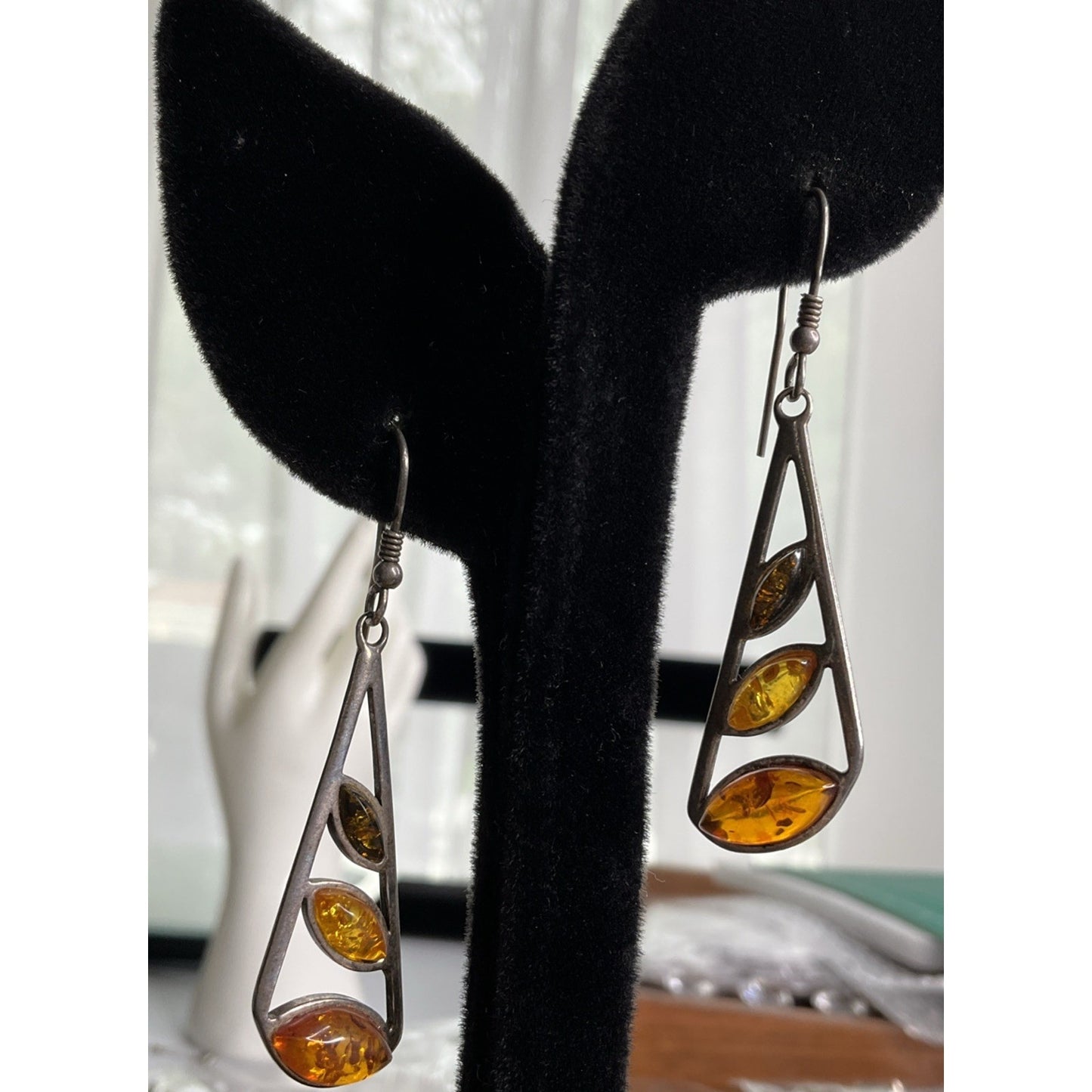 Sterling Silver Baltic Amber Dangle Drop Earrings Modern 1.5”