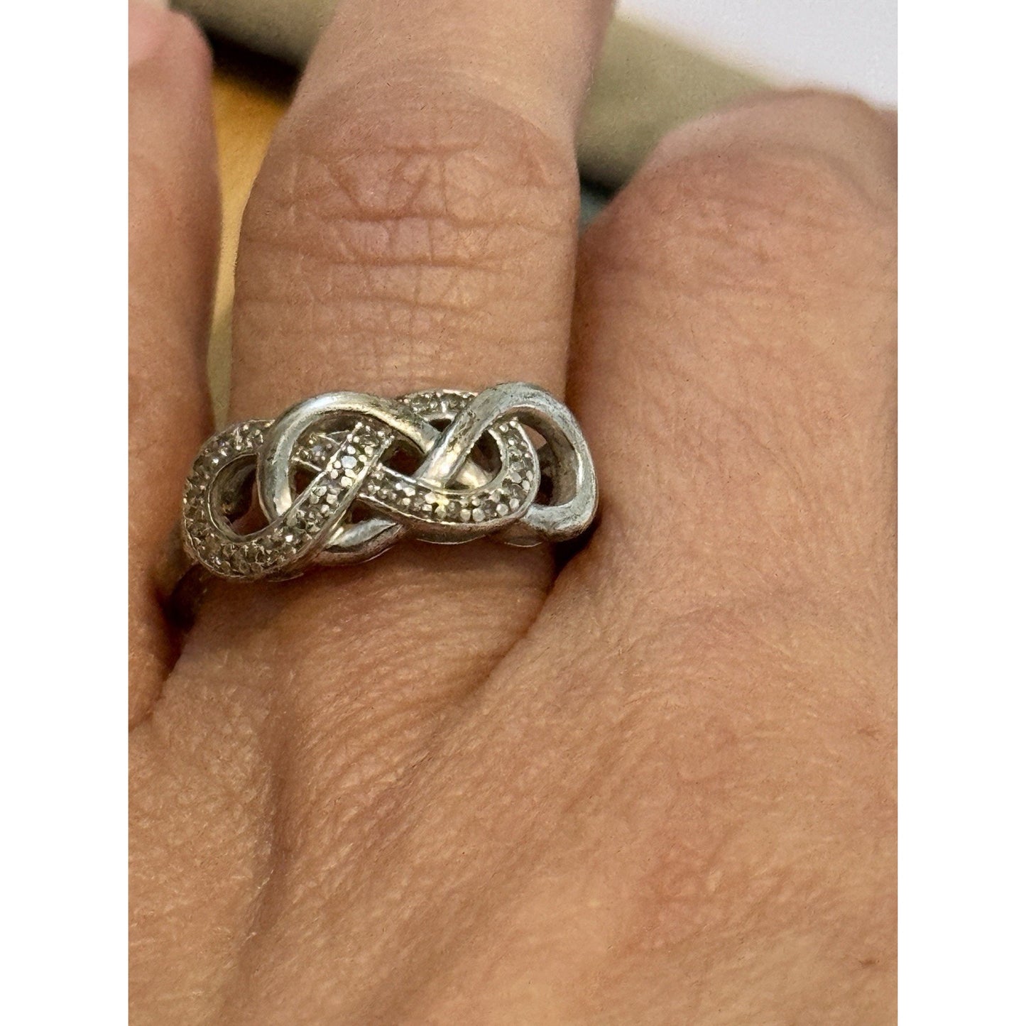 Vintage Pave Diamond Accent Sterling Silver Infinity Lovers Knot Ring Size 7