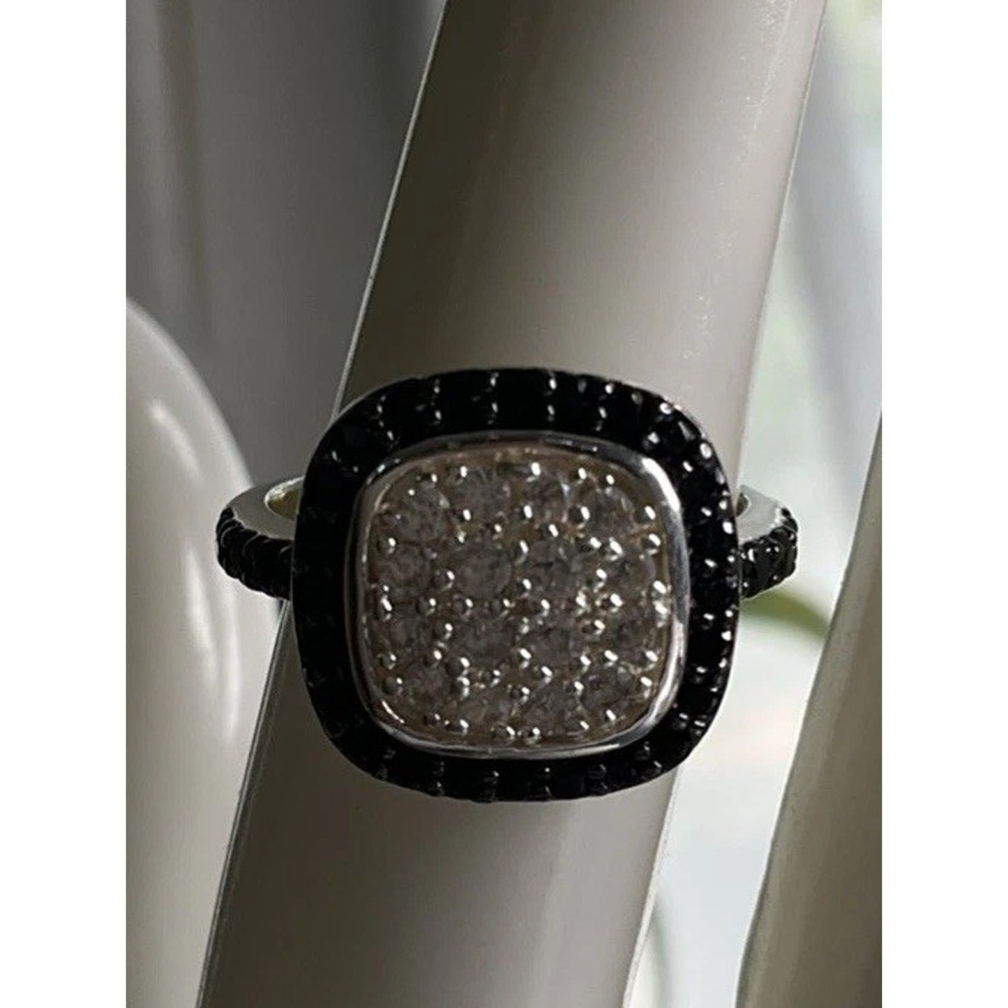 Sterling Silver Black & White CZ Halo Square Cushion Cluster Ring Size 7