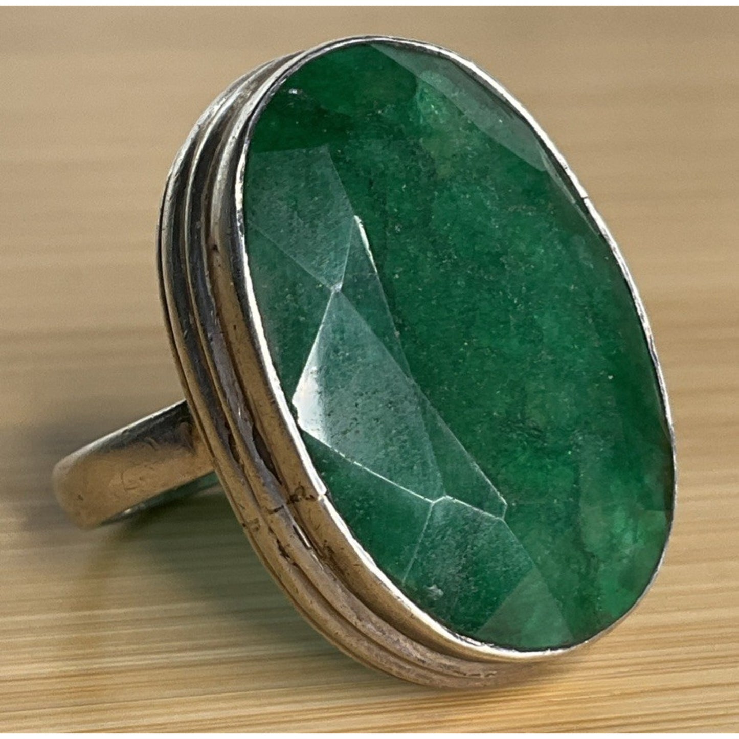 Vintage Large Green Gemstone Sterling Silver Statement Dramatic Ring Size 8