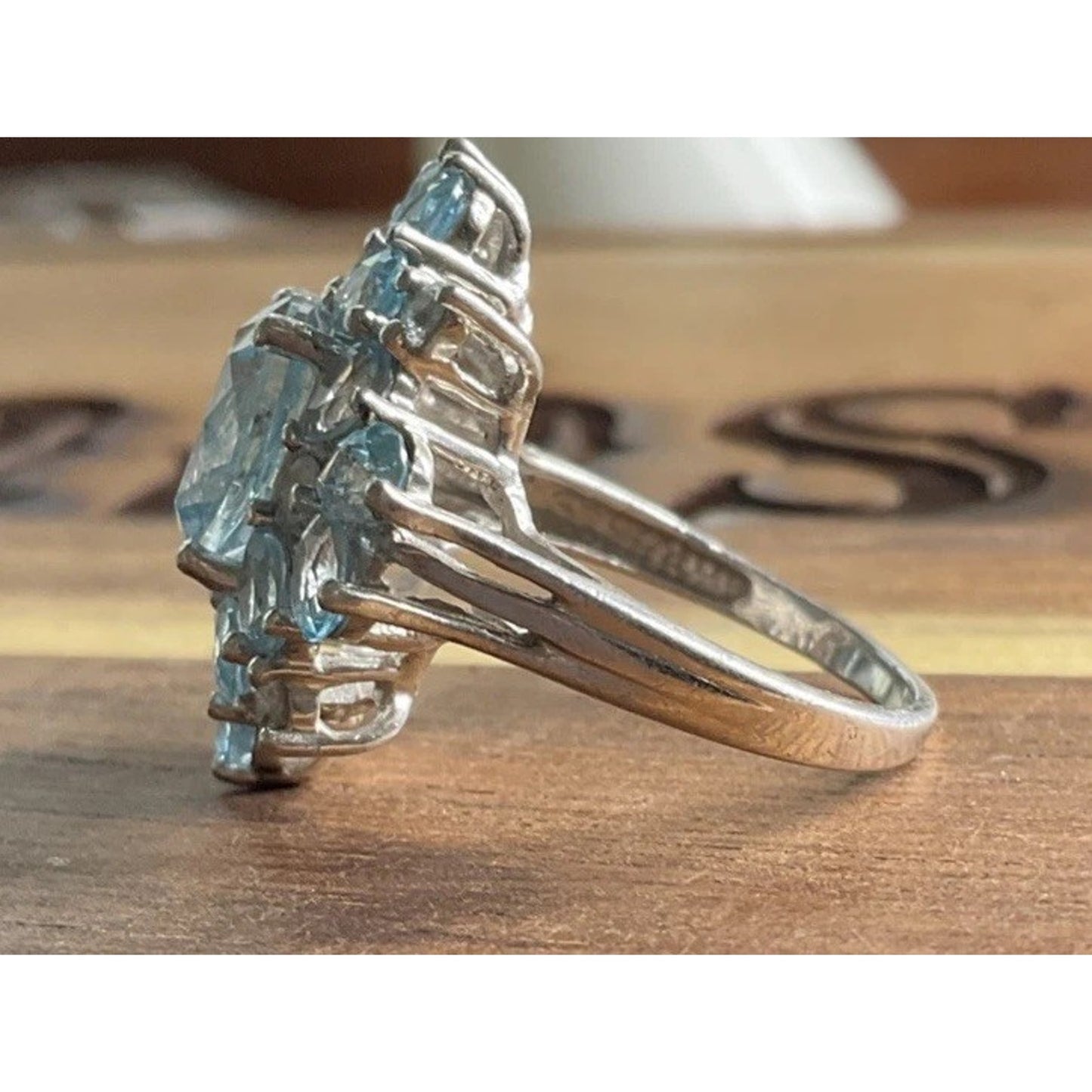 Vintage Sterling Silver Blue Topaz Cluster Ring Size 7.5 Cocktail Halo
