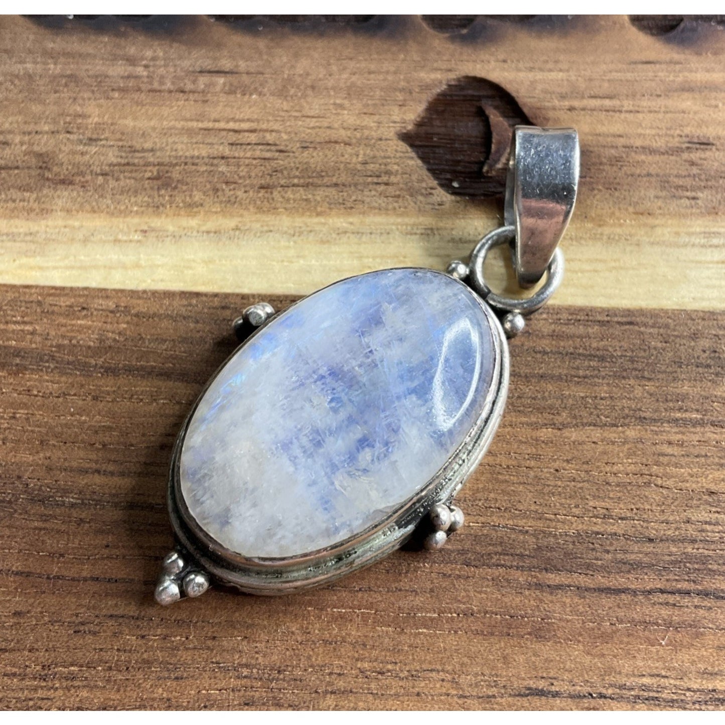 Sterling Silver 925 Rainbow Moonstone Pendant Oval Cabochon Vintage Style