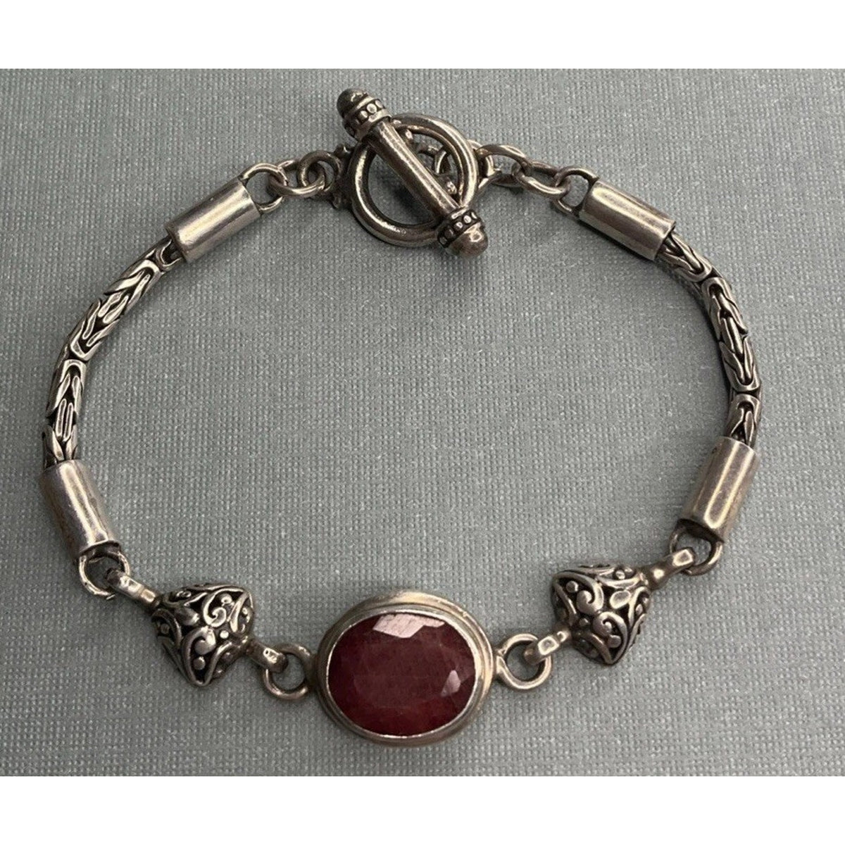Vintage Sterling Silver Red Gemstone Bracelet Bali Style Toggle 19g