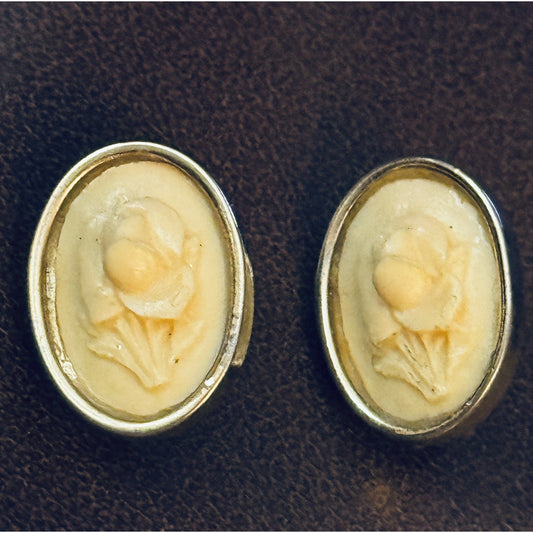 Vintage Hand Carved Shell Cameo Gold Tone Earrings Floral Design Screw Back