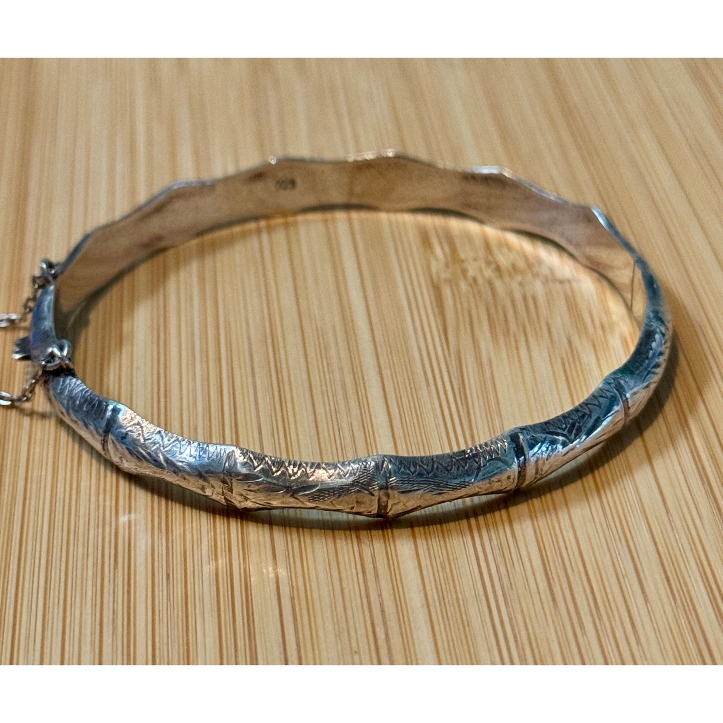 Vintage 925 Sterling Silver Bamboo Hinged Bangle Etched Bracelet Safety Chain