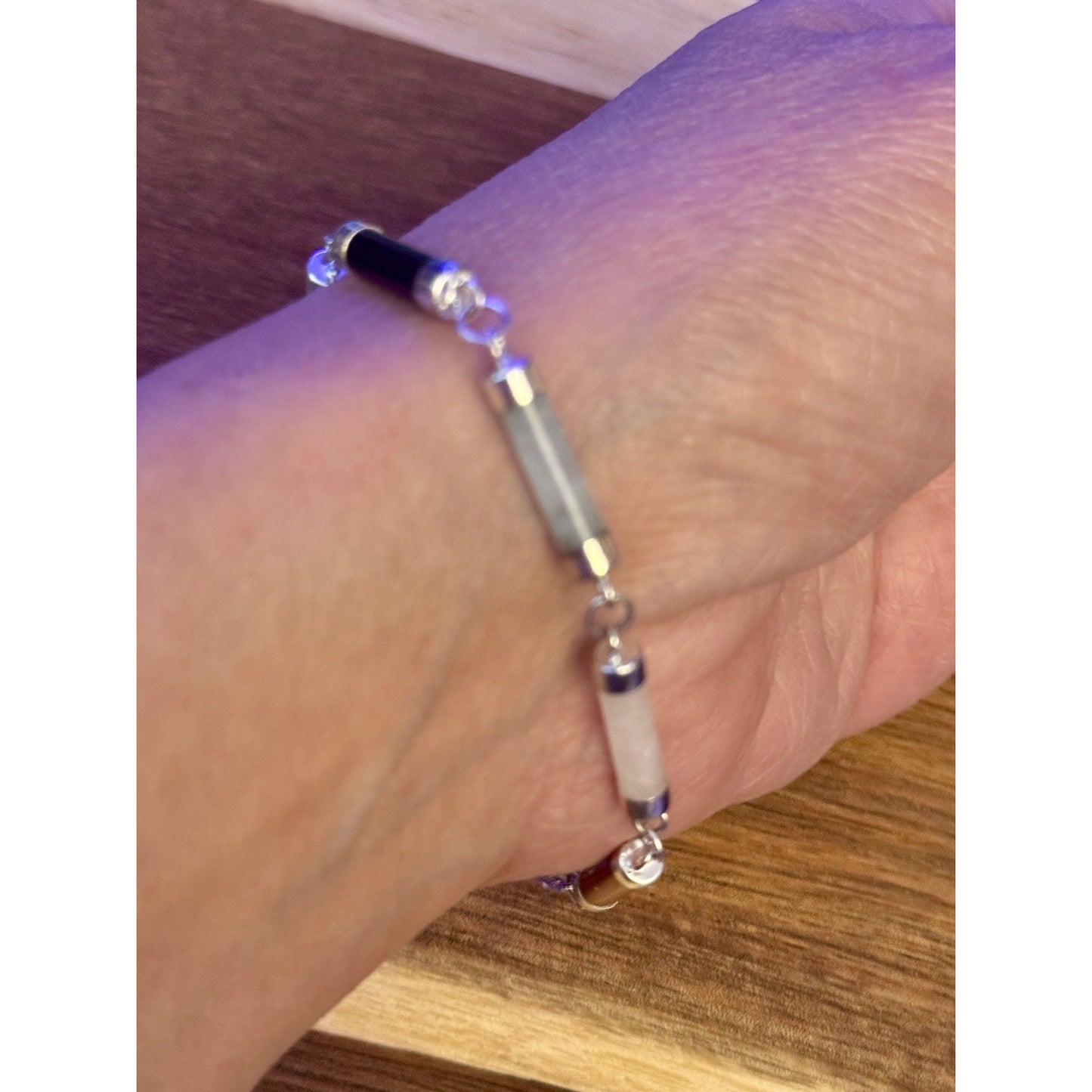 Vintage Sterling Silver Multi-Stone Tube Bracelet 925 LA Onyx, Jasper, Jade 7.5”