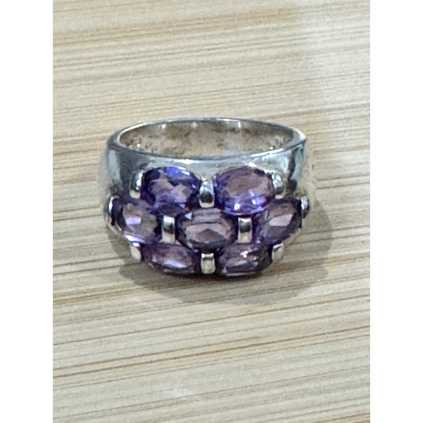 Vintage Sterling Silver 9 Stone Natural Amethyst Cluster Ring Size 6 Wide Band