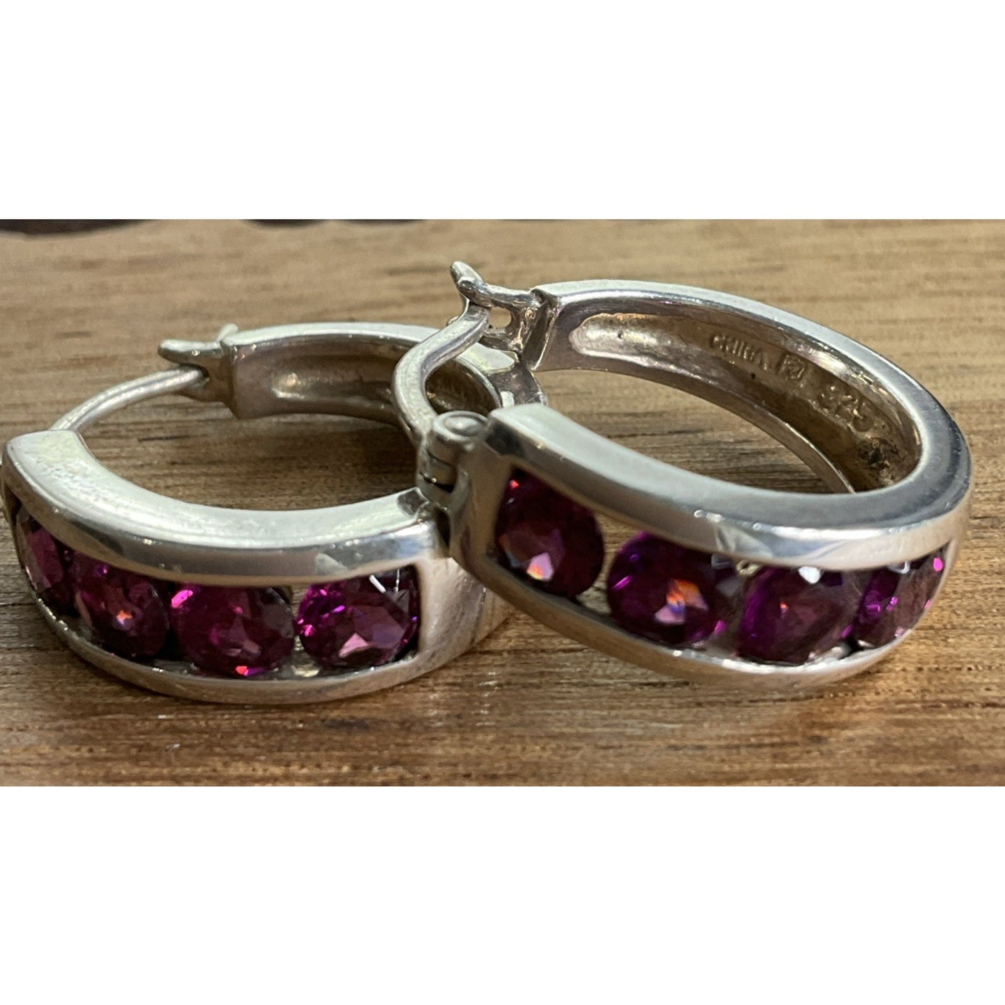 Vintage Sterling Silver Amethyst Purple gemstone Hoop Huggie Earrings
