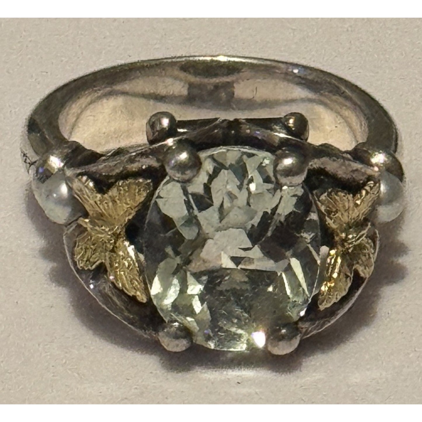 Vintage Ann King 925 18K Green Amethyst Prasiolite Pearl Butterfly Ring Sz 8.5
