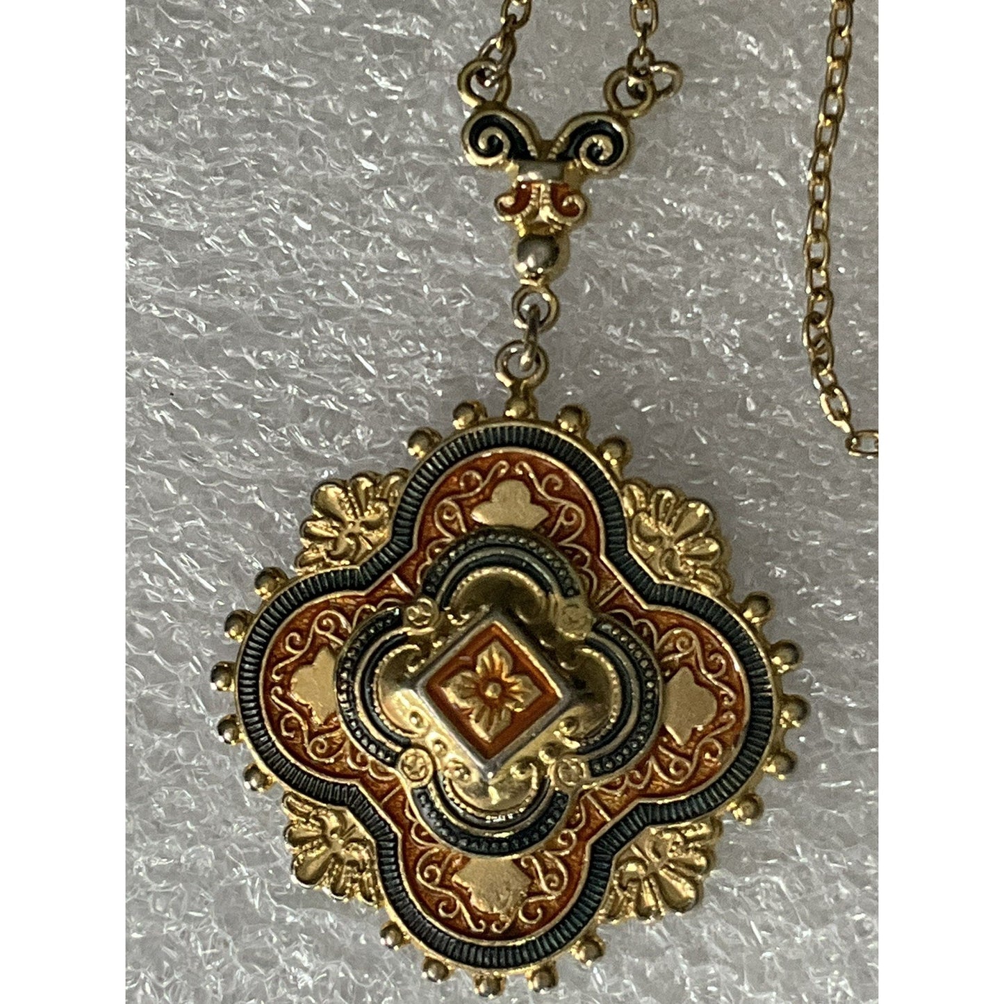 Vintage Gold Tone Damascene Style Necklace w/ Orange Enamel 16.5” Barrel Clasp