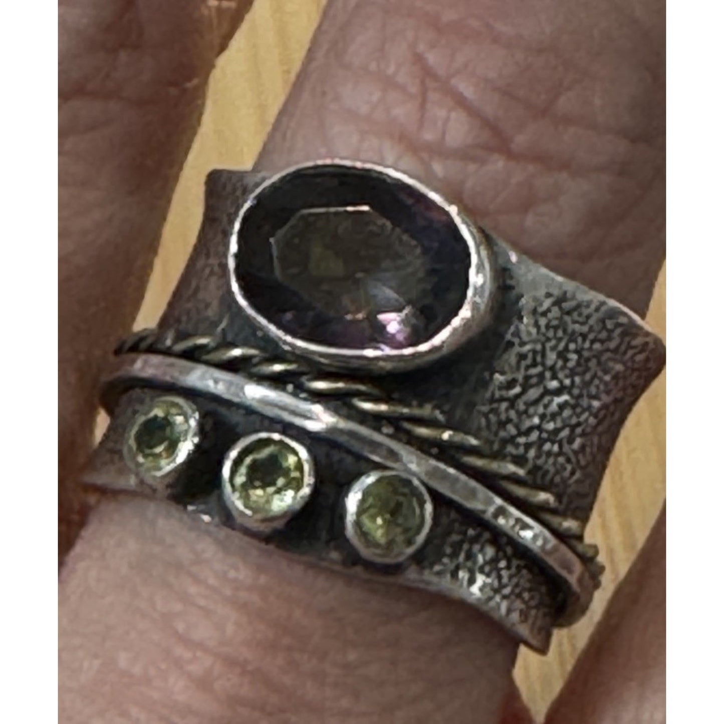 Bali Sterling Silver Mystic Quartz Peridot Gemstone Spinner Sz 8 Meditation Ring