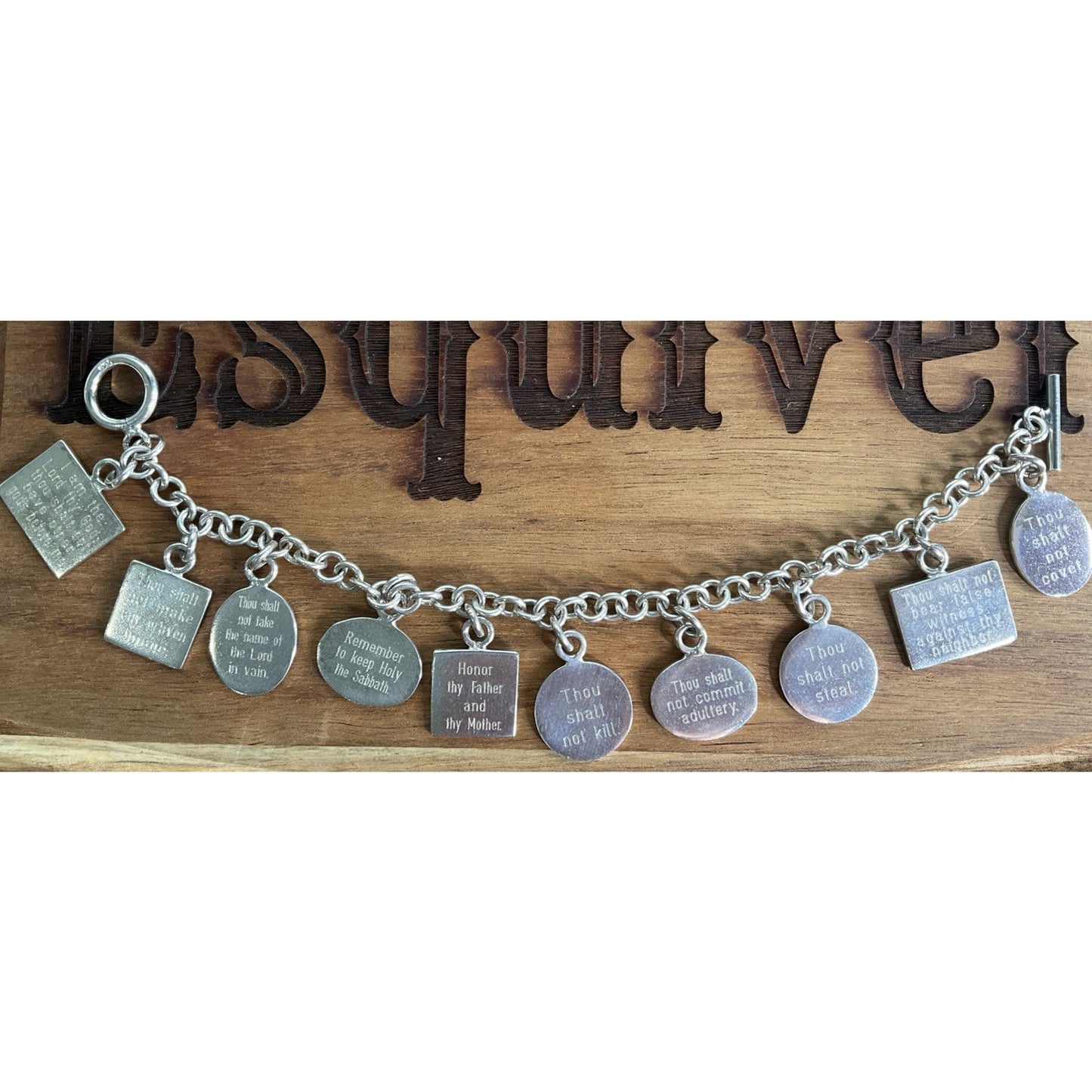 Vintage Sterling Silver Ten Commandments Charm Bracelet Religious 61g