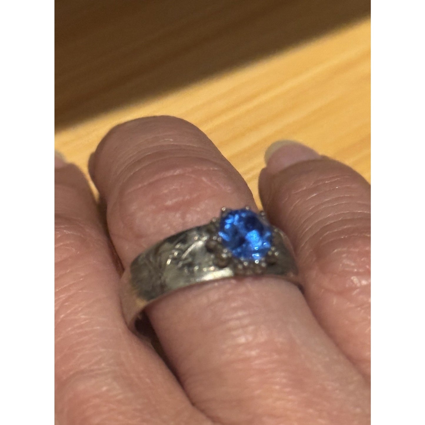 Vintage Thai Sterling Silver Blue Topaz Ring Wide Engraved Band
