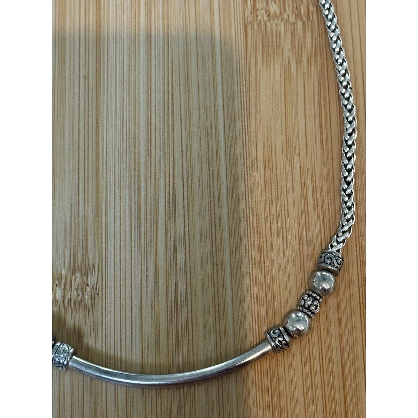 Vintage Brighton Silver Plated Curved Bar Bead Woven Chain Necklace 21” Adjustab