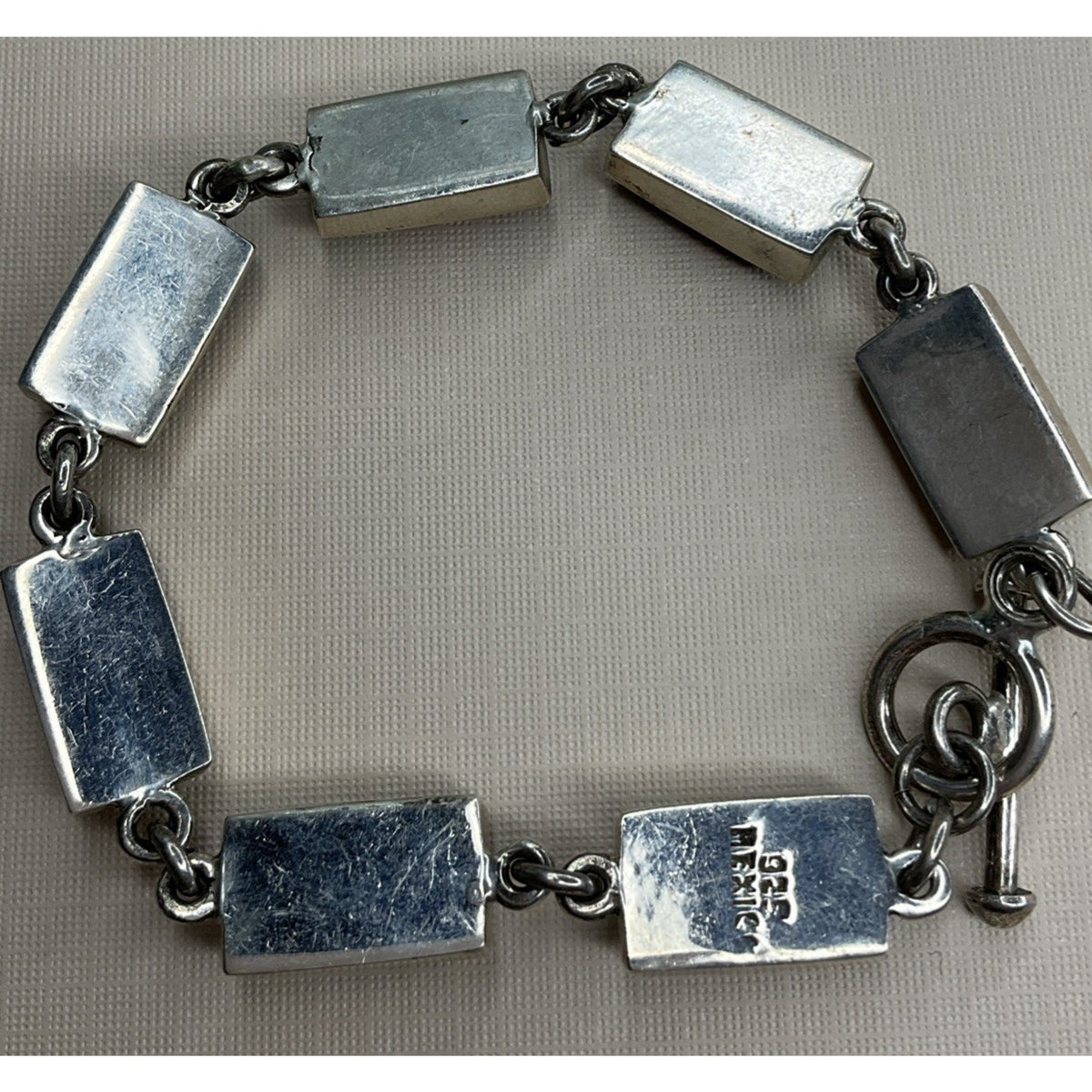 Vintage Mexico 925 Sterling Silver Multi Stone Inlay Link Bracelet 31g 7.5