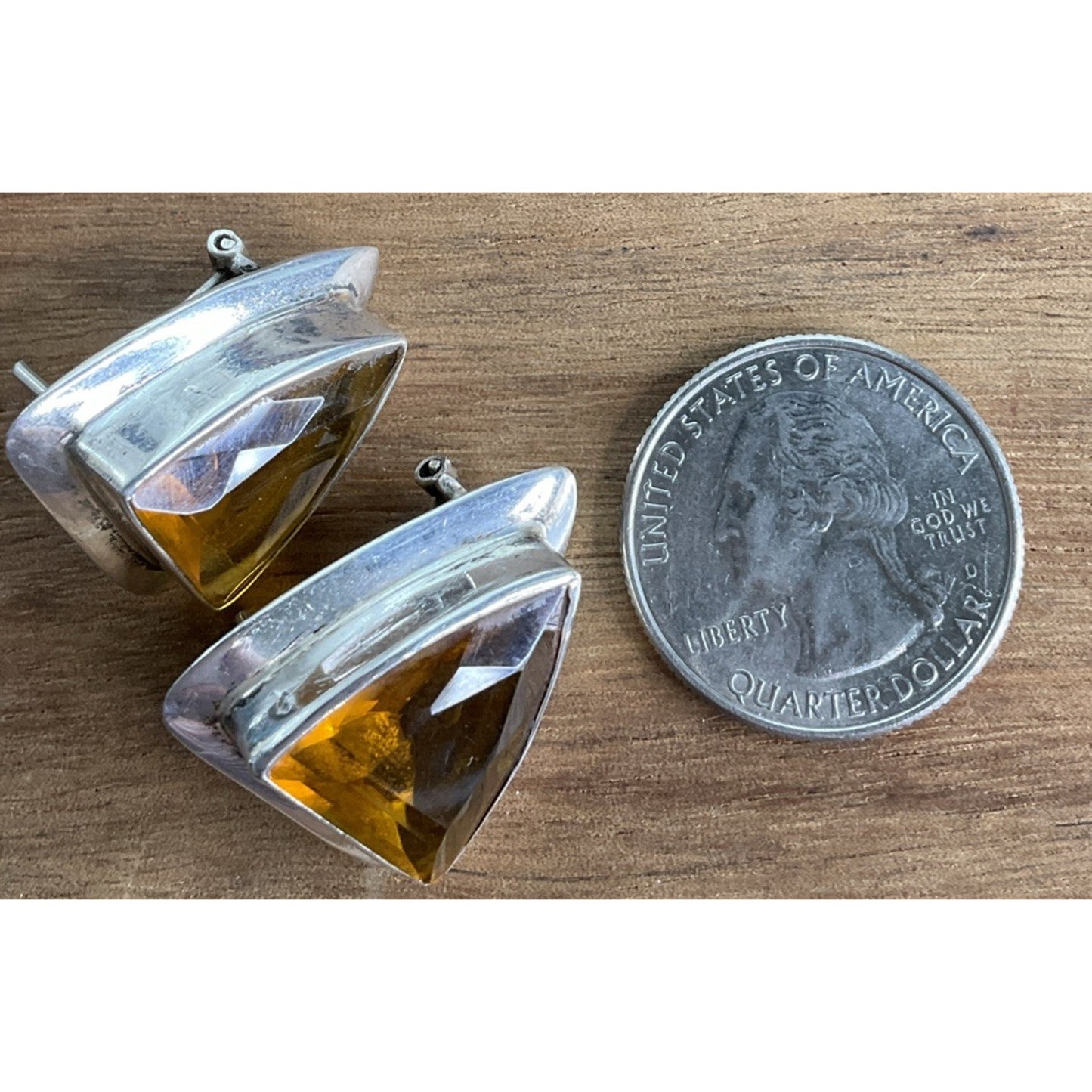 Vintage Sterling Silver Baltic Amber Honey Triangle French Clip Earrings 11g