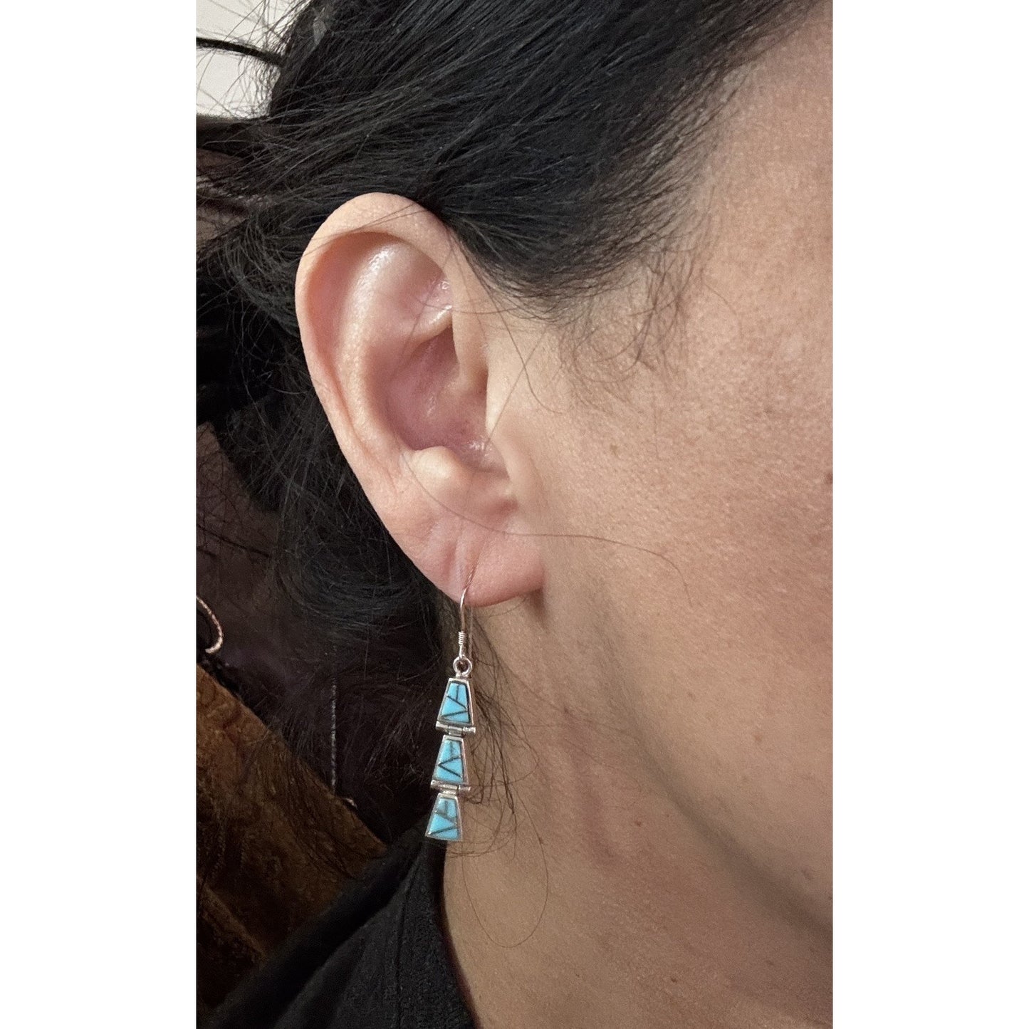 Vintage Sterling Silver Turquoise Inlay Southwestern Dangle Earrings 2.5”