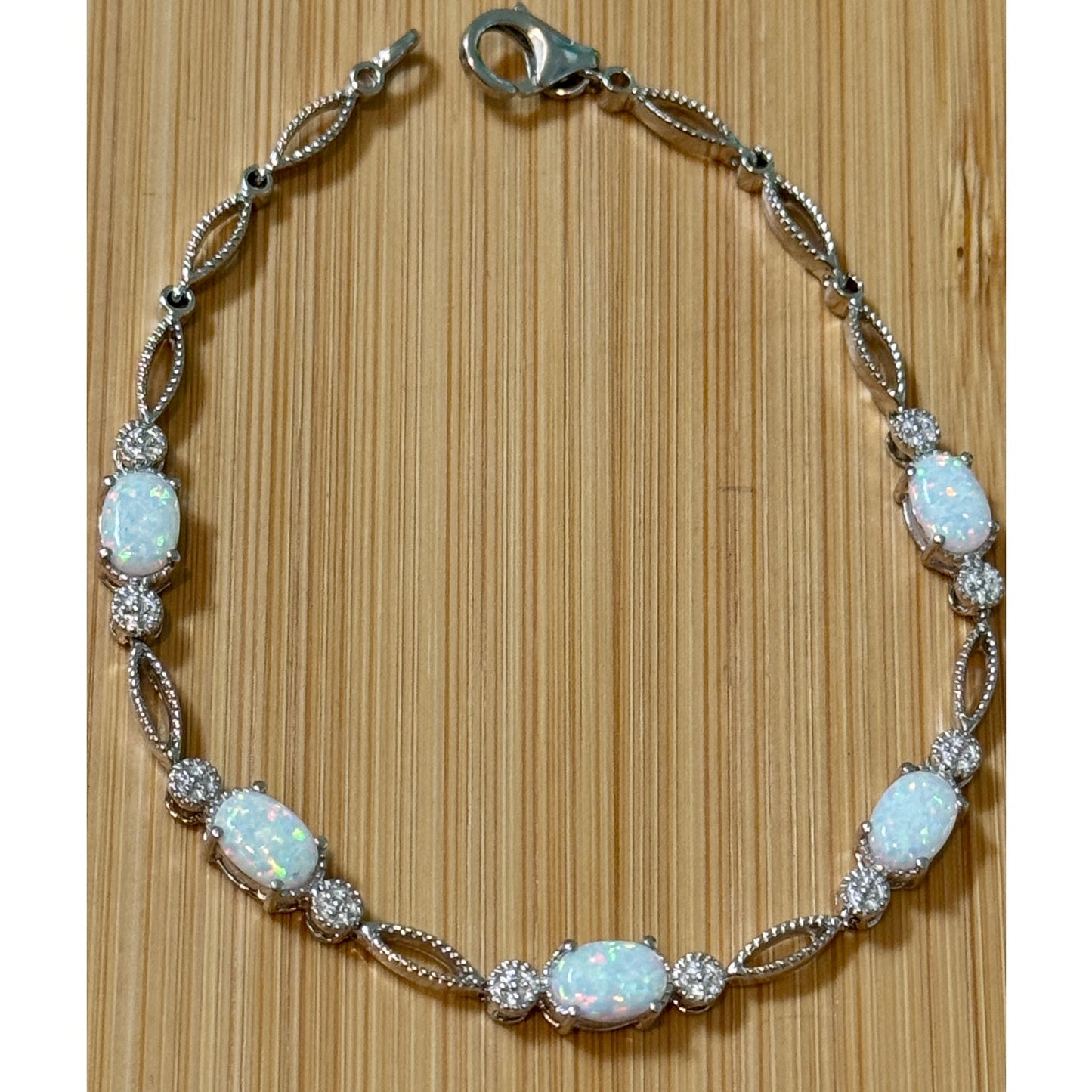 925 Sterling Silver Opal Cabachon Moissanite Bracelet 7.5” White Fire Opal 6g
