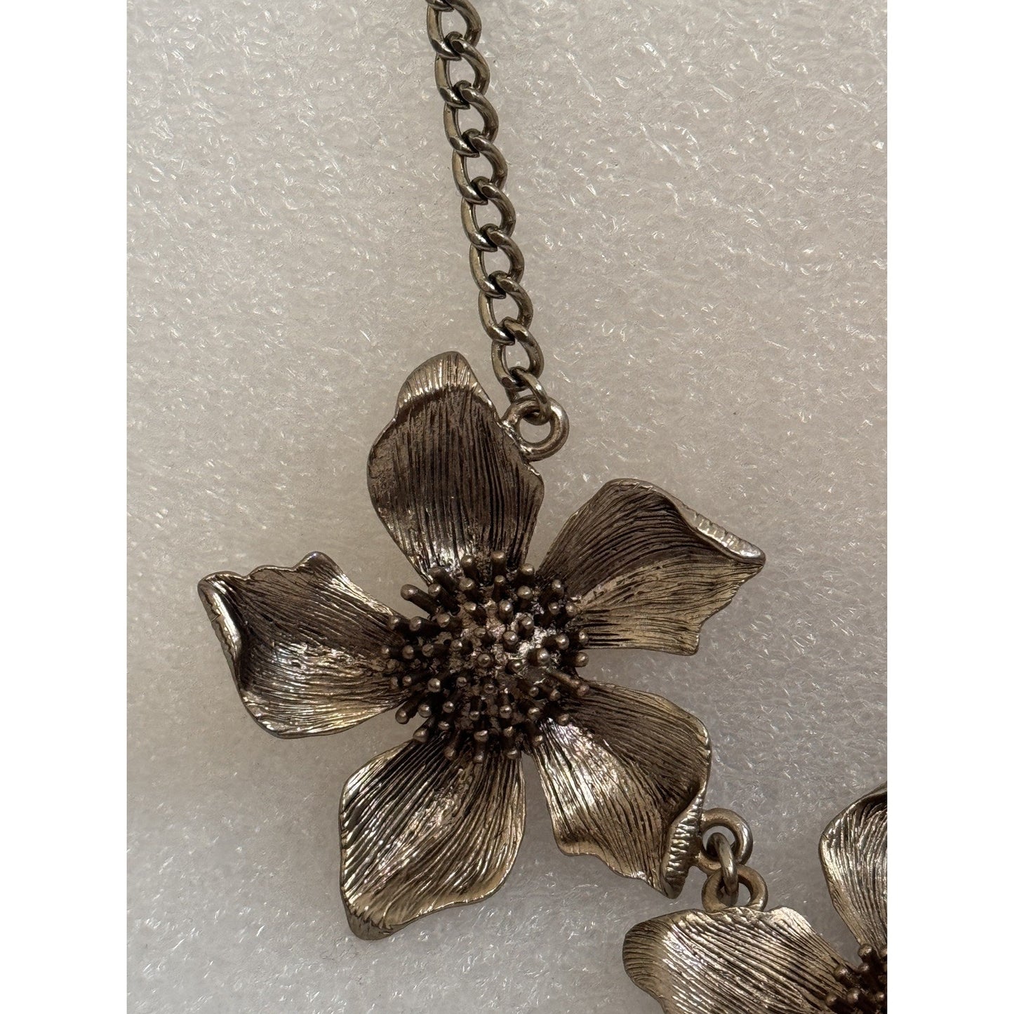 Silver Tone Triple Dogwood Flower Linked Statement Necklace 16-19”